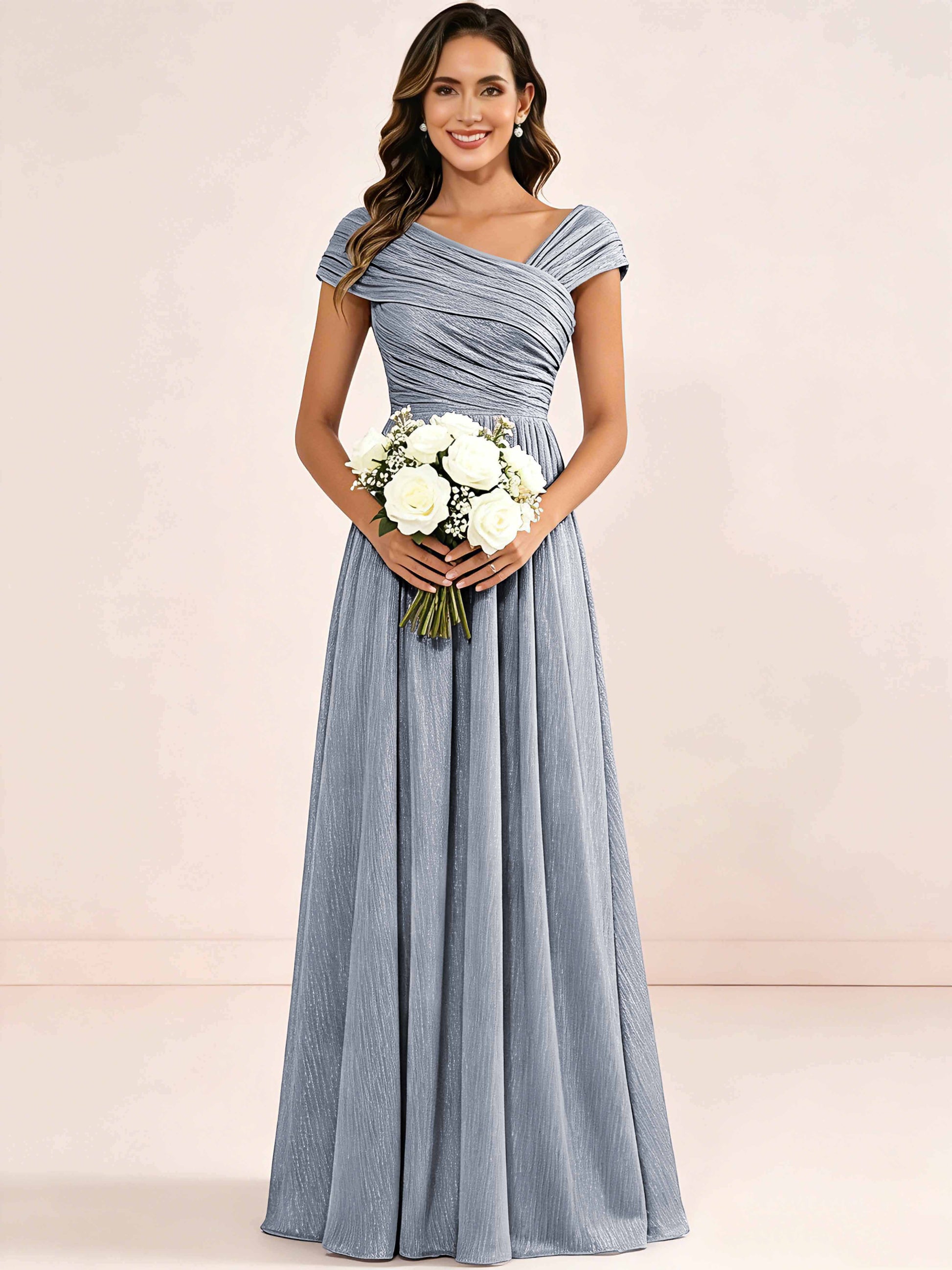 Shiny Striped Chiffon Ruched Cap Sleeve Mother of The Bride Dress