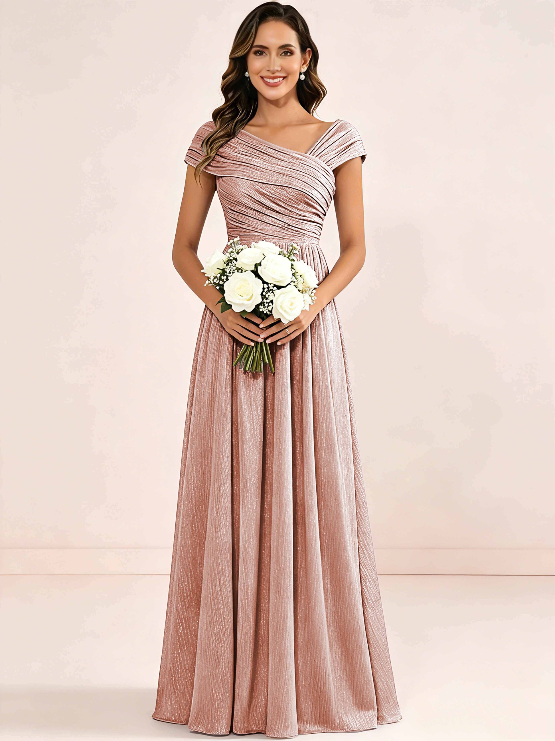 Shiny Striped Chiffon Ruched Cap Sleeve Mother of The Bride Dress