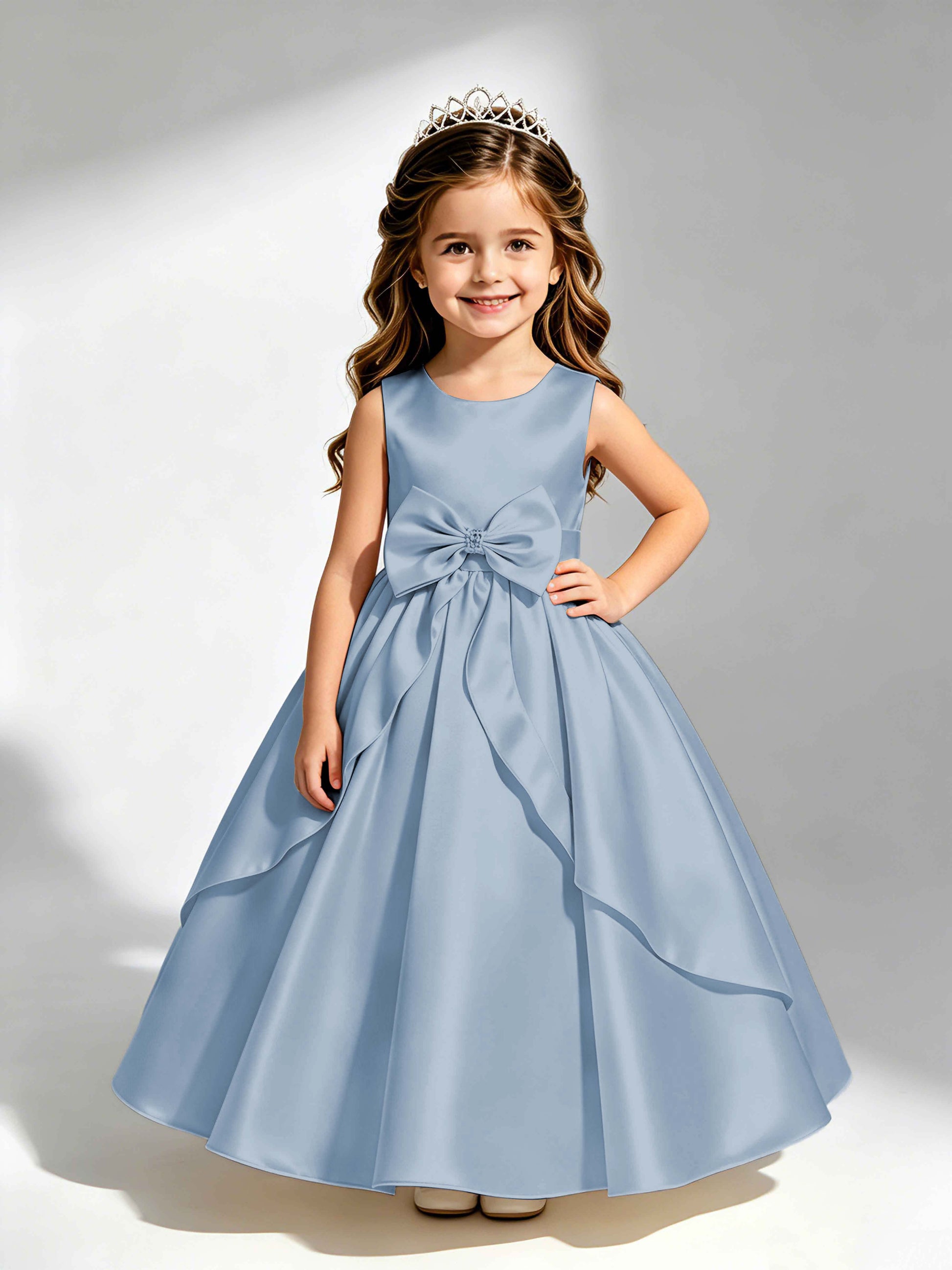 Satin Flower Girl Dress with Bow Princess Girls Pageant Gowns