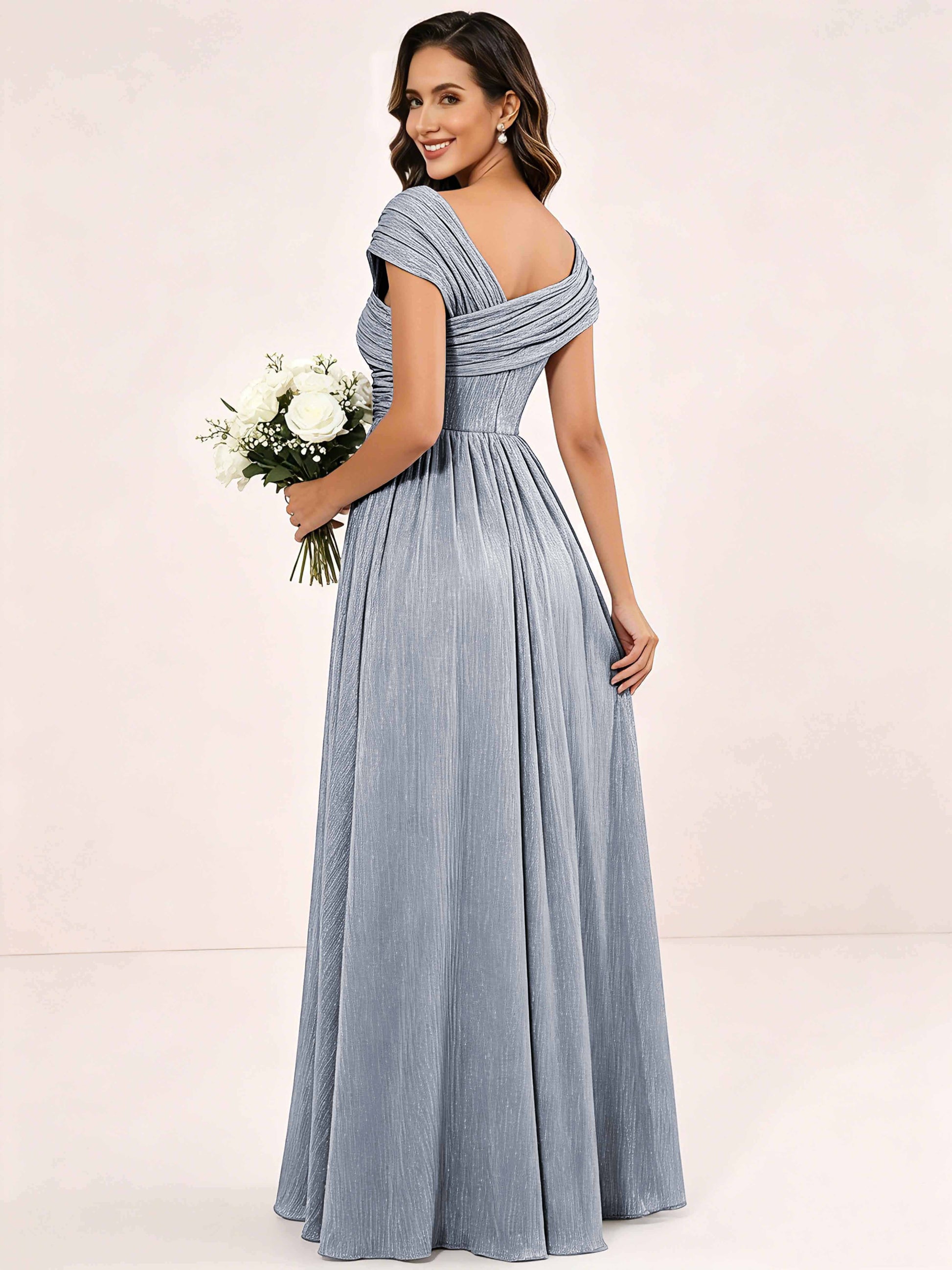 Shiny Striped Chiffon Ruched Cap Sleeve Mother of The Bride Dress