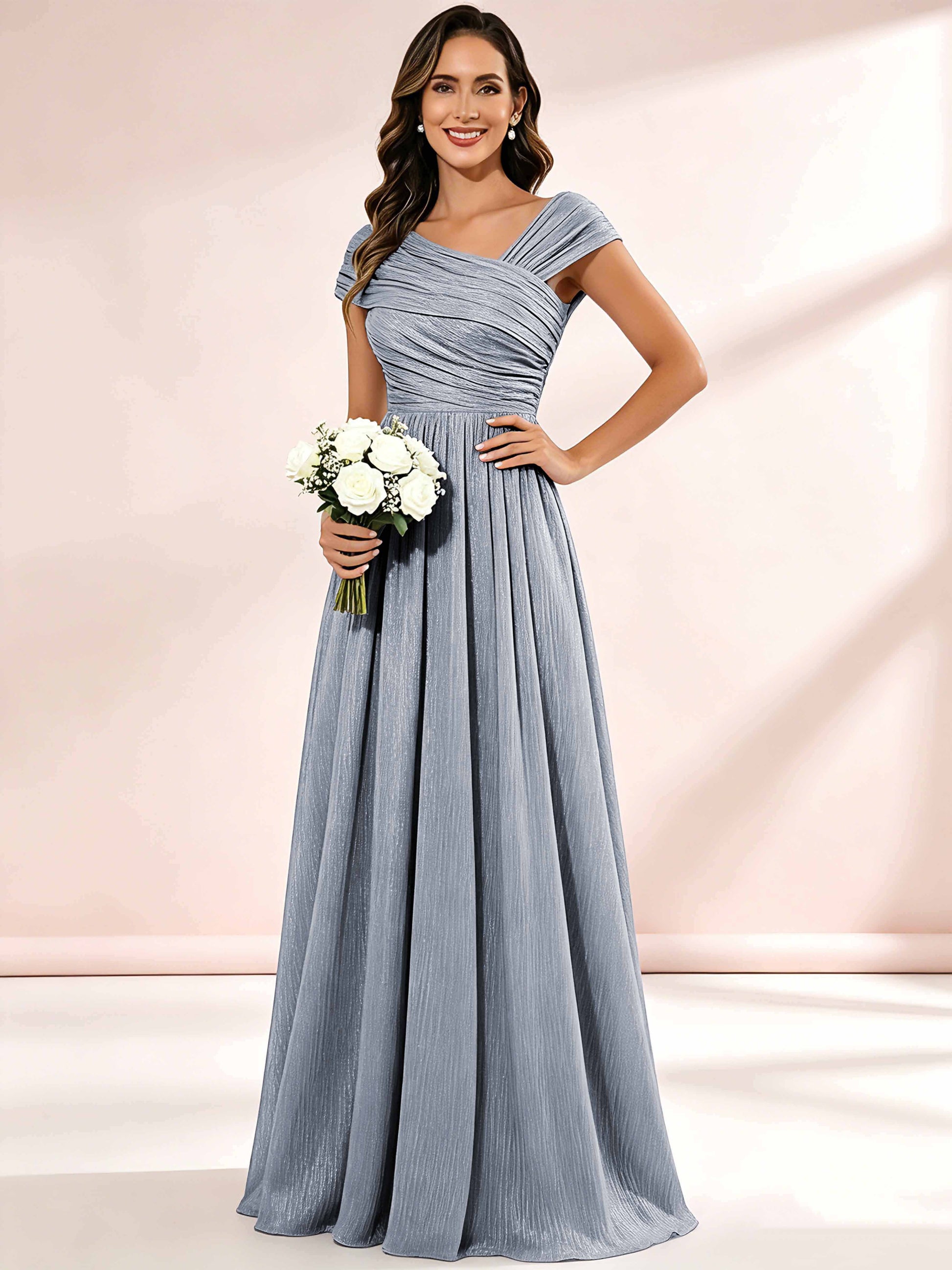 Shiny Striped Chiffon Ruched Cap Sleeve Mother of The Bride Dress