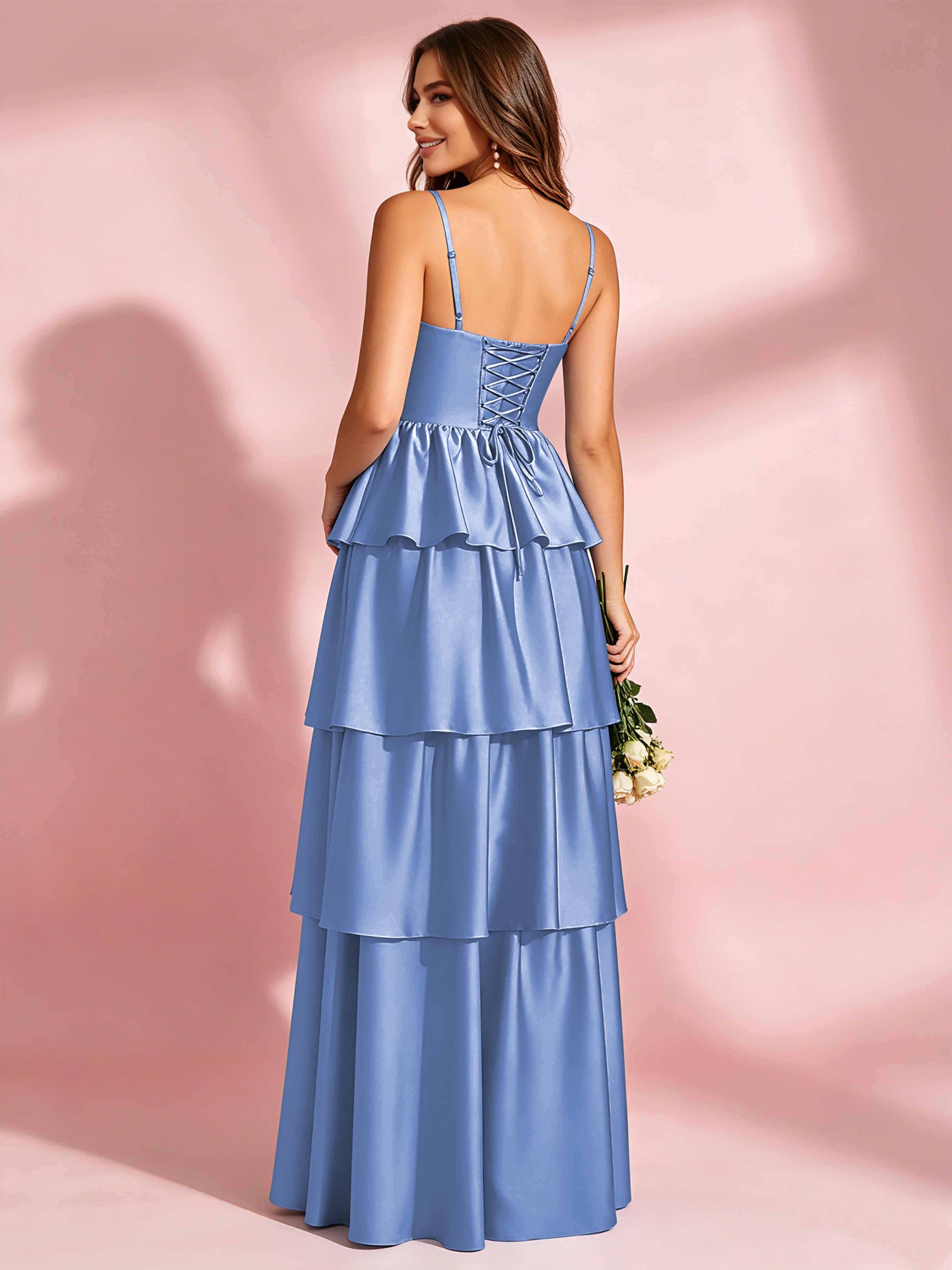 Satin Tiered Corset Bridesmaid Dresses Formal Evening Gown