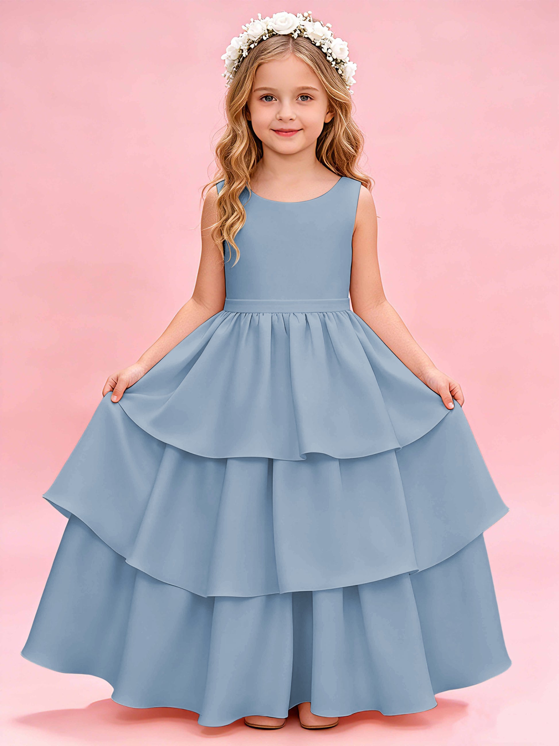 Tiered Flower Girl Dress with Bow Princess Girls Pageant Gowns