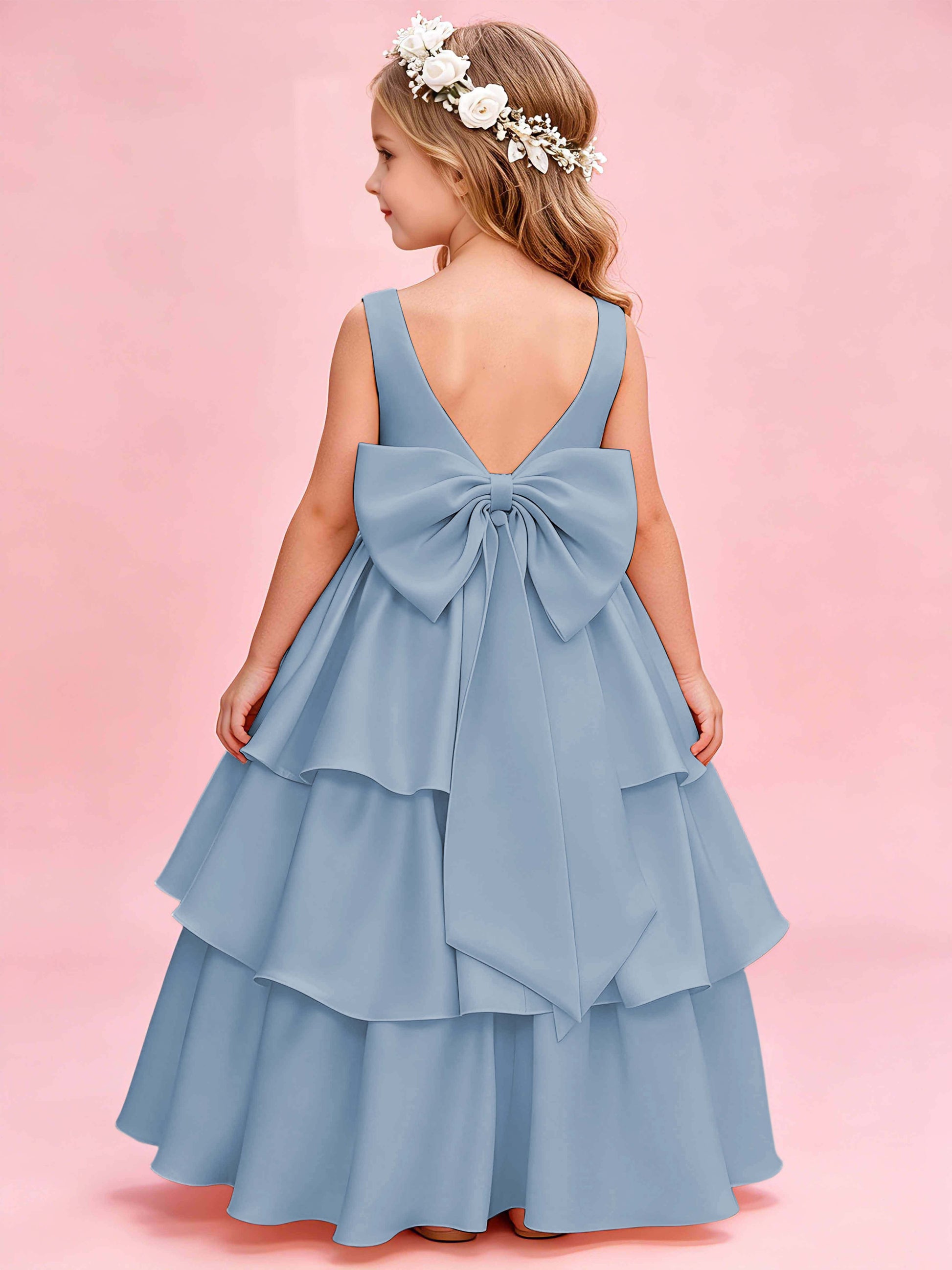 Tiered Flower Girl Dress with Bow Princess Girls Pageant Gowns