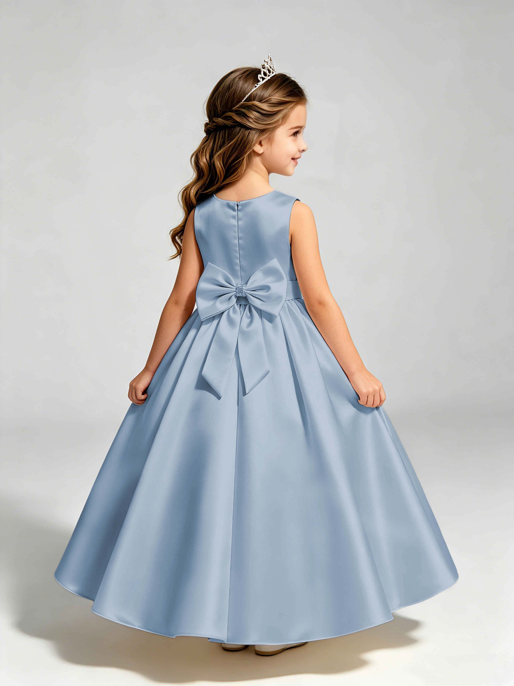 Satin Flower Girl Dress with Bow Princess Girls Pageant Gowns