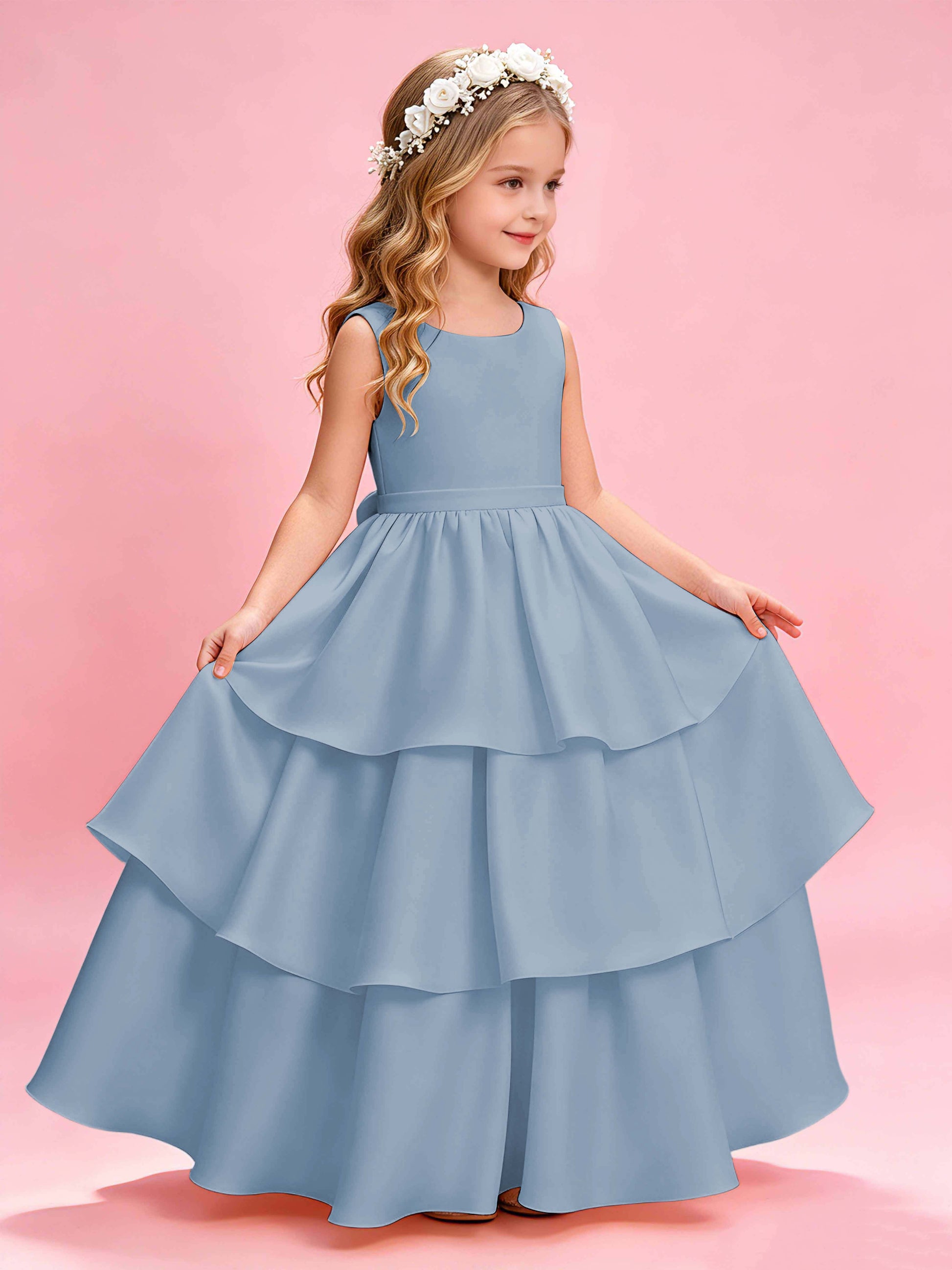 Tiered Flower Girl Dress with Bow Princess Girls Pageant Gowns