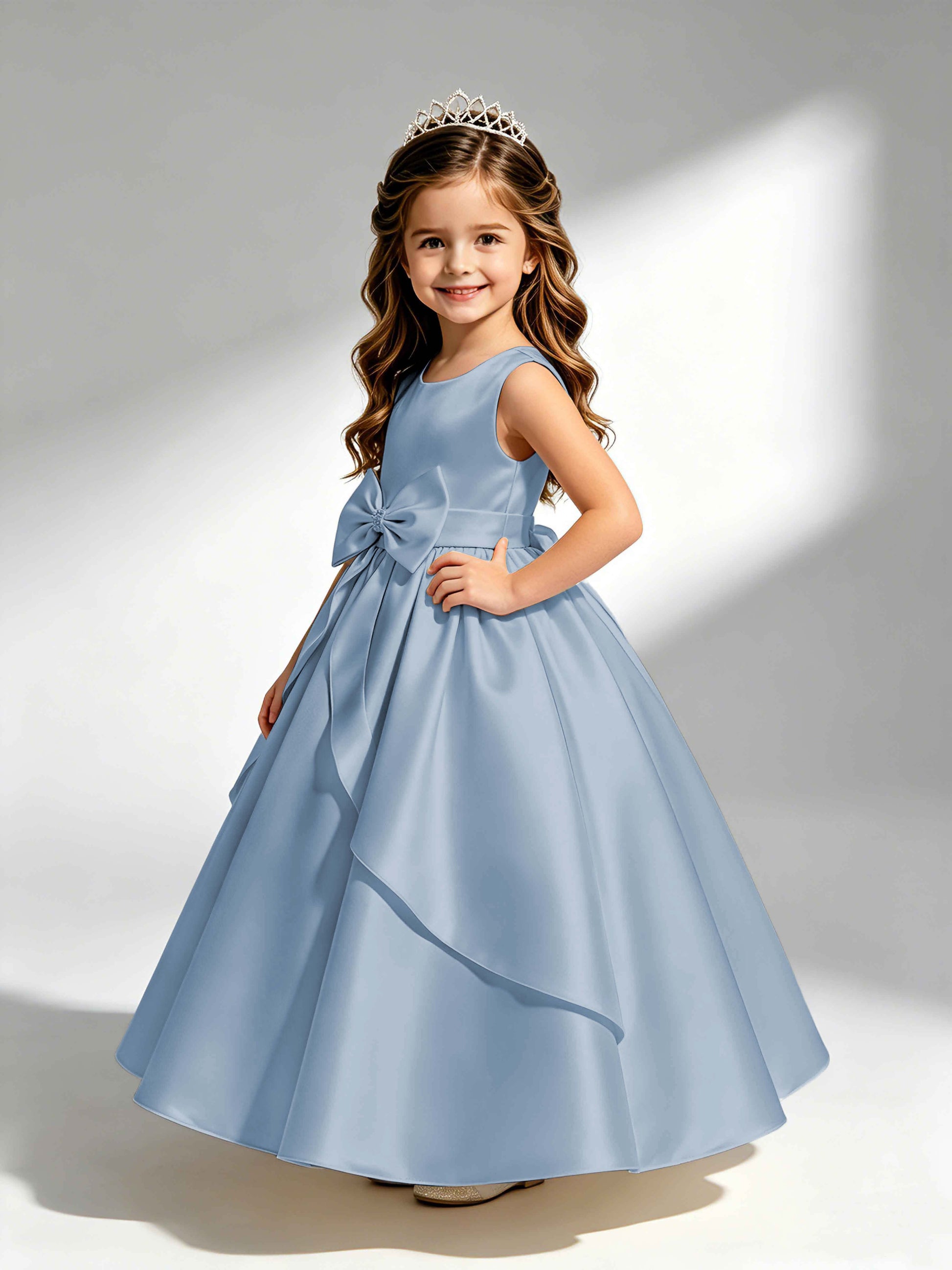 Satin Flower Girl Dress with Bow Princess Girls Pageant Gowns