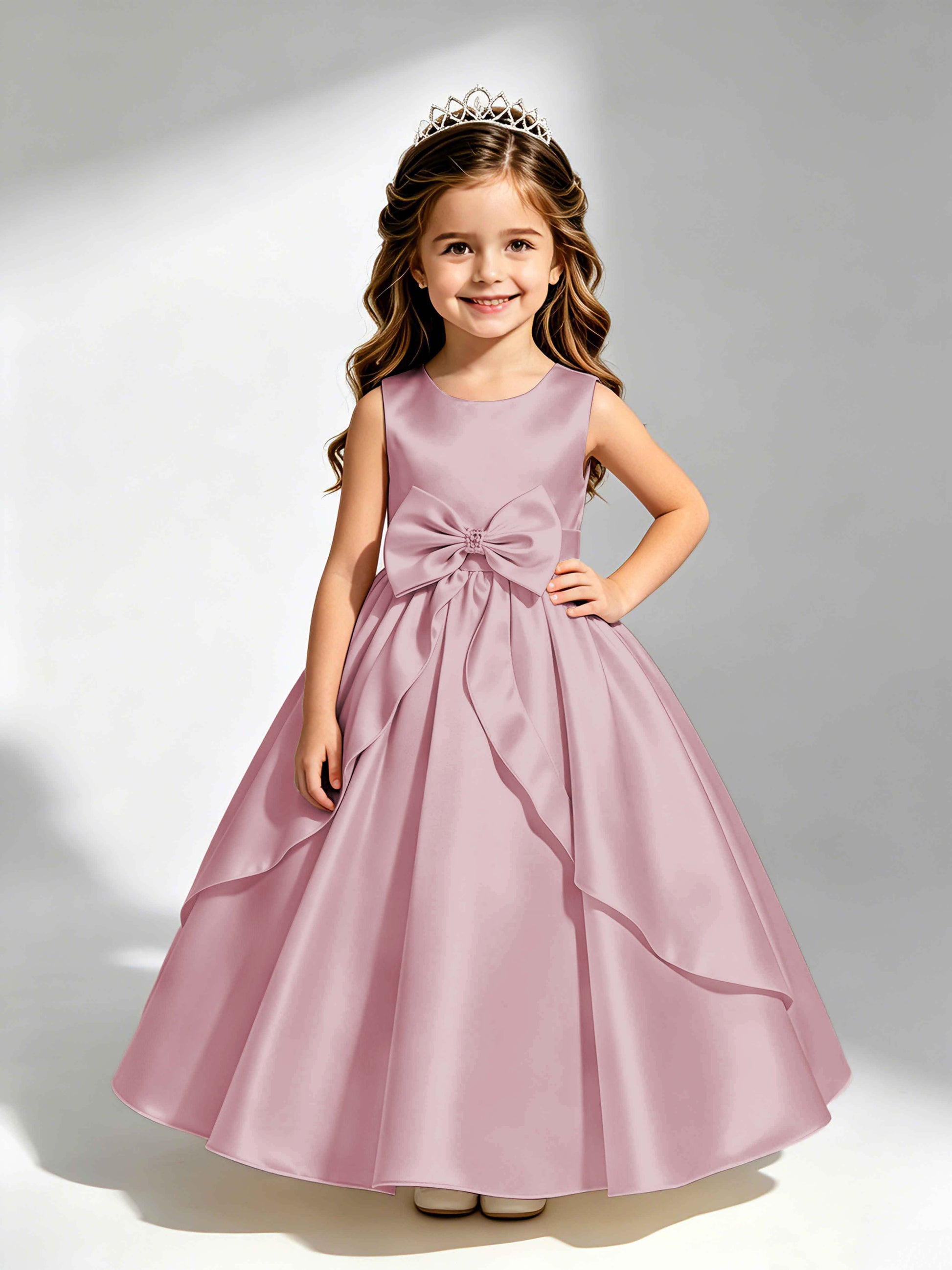 Satin Flower Girl Dress with Bow Princess Girls Pageant Gowns