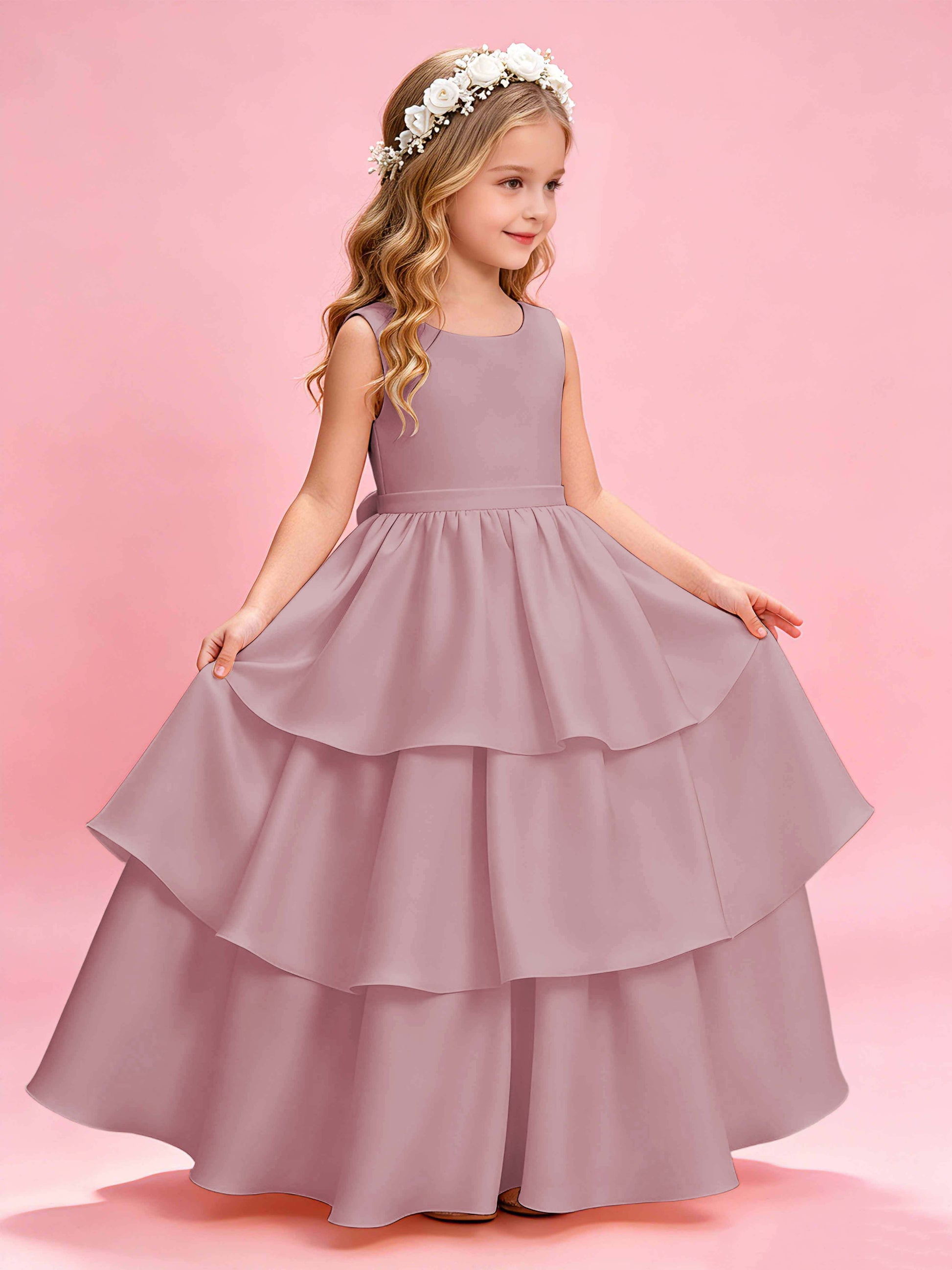 Tiered Flower Girl Dress with Bow Princess Girls Pageant Gowns