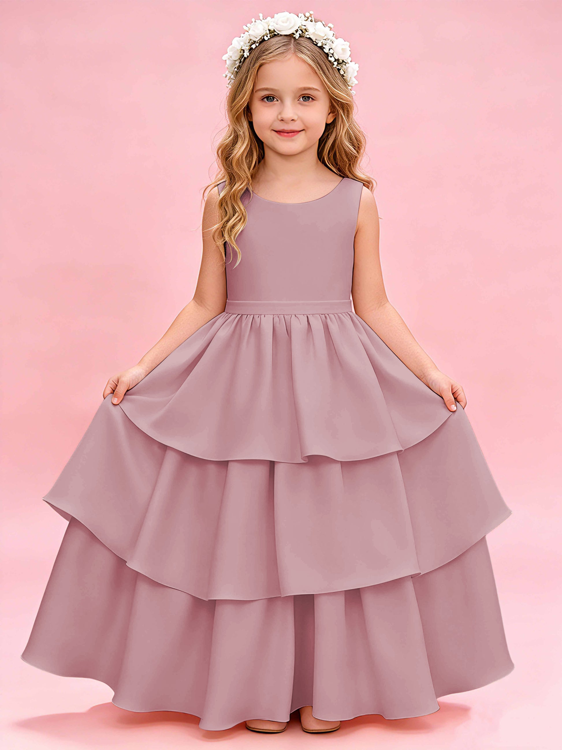 Tiered Flower Girl Dress with Bow Princess Girls Pageant Gowns