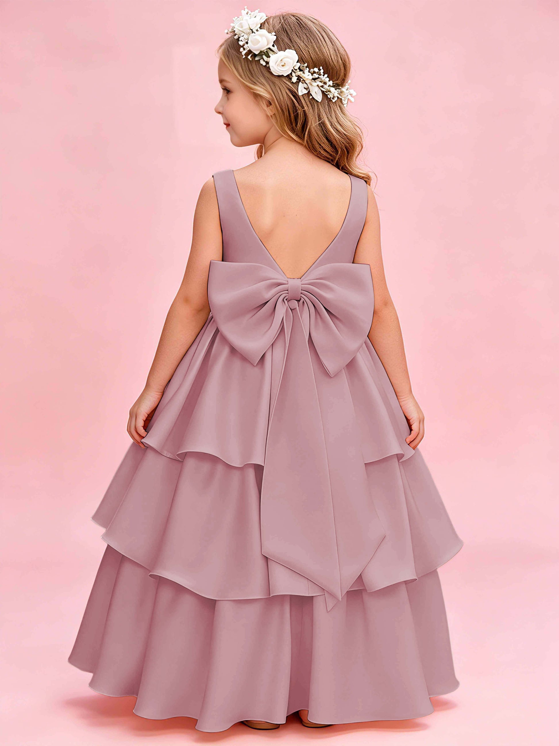 Tiered Flower Girl Dress with Bow Princess Girls Pageant Gowns