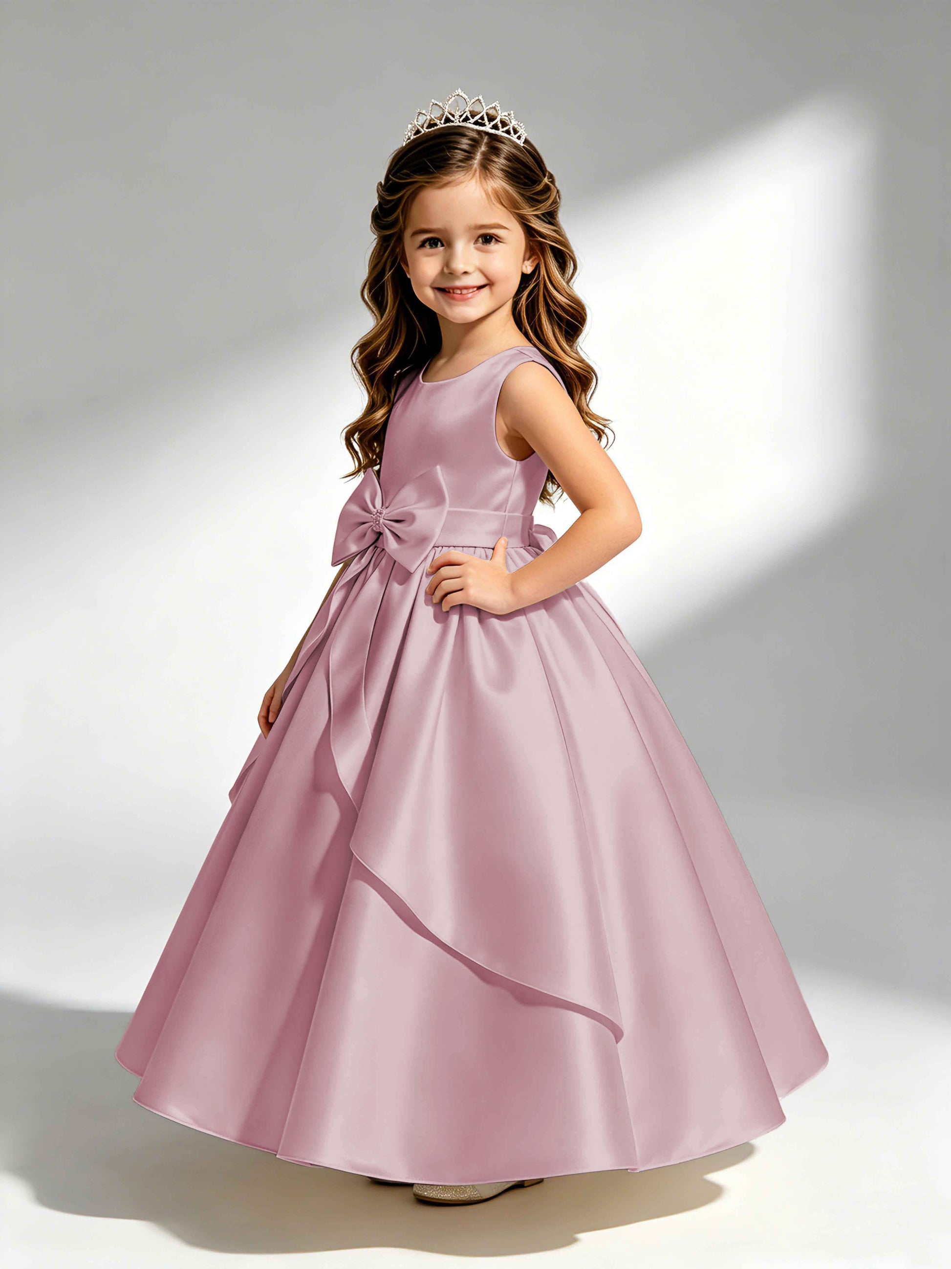 Satin Flower Girl Dress with Bow Princess Girls Pageant Gowns