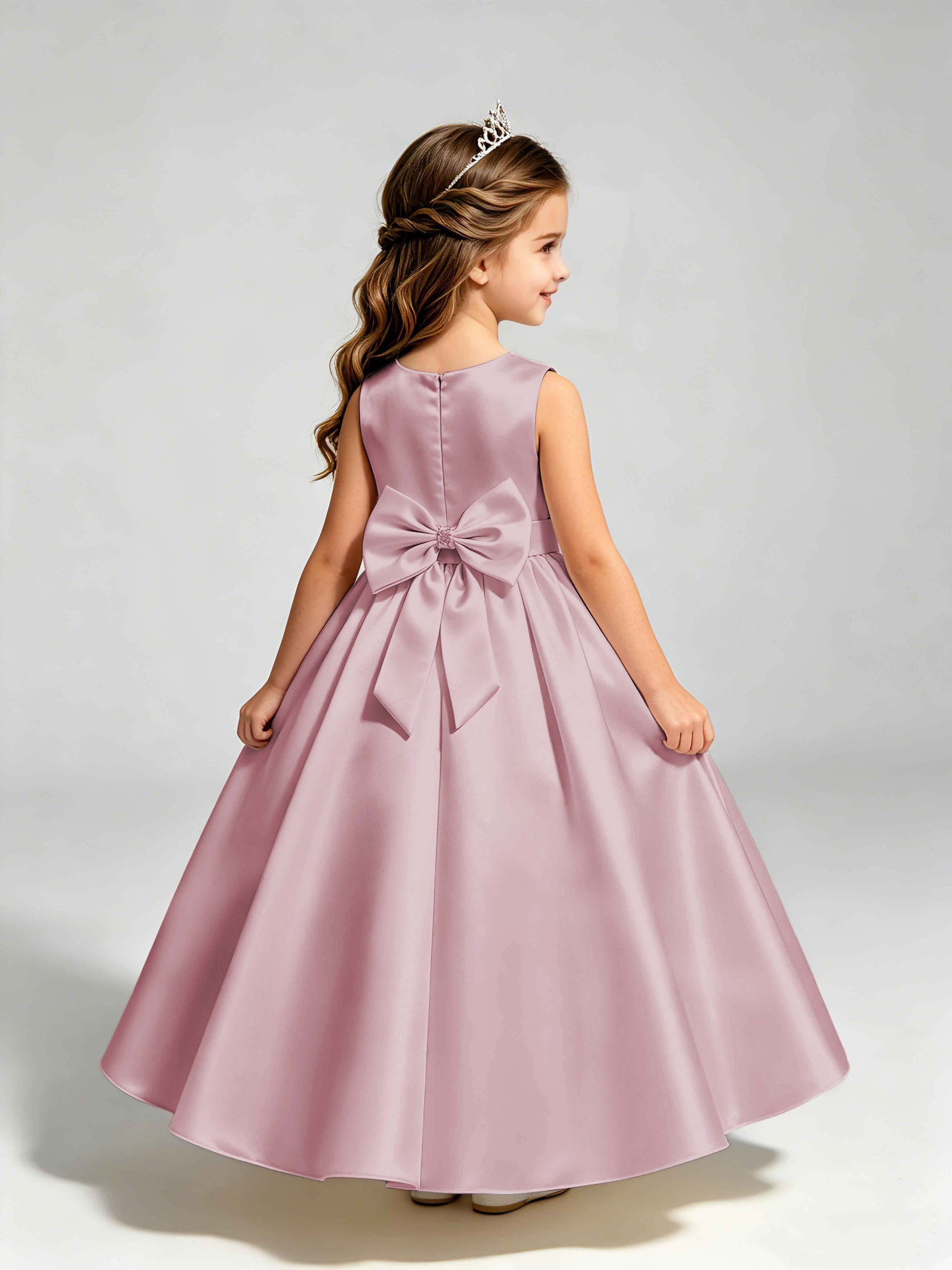 Satin Flower Girl Dress with Bow Princess Girls Pageant Gowns