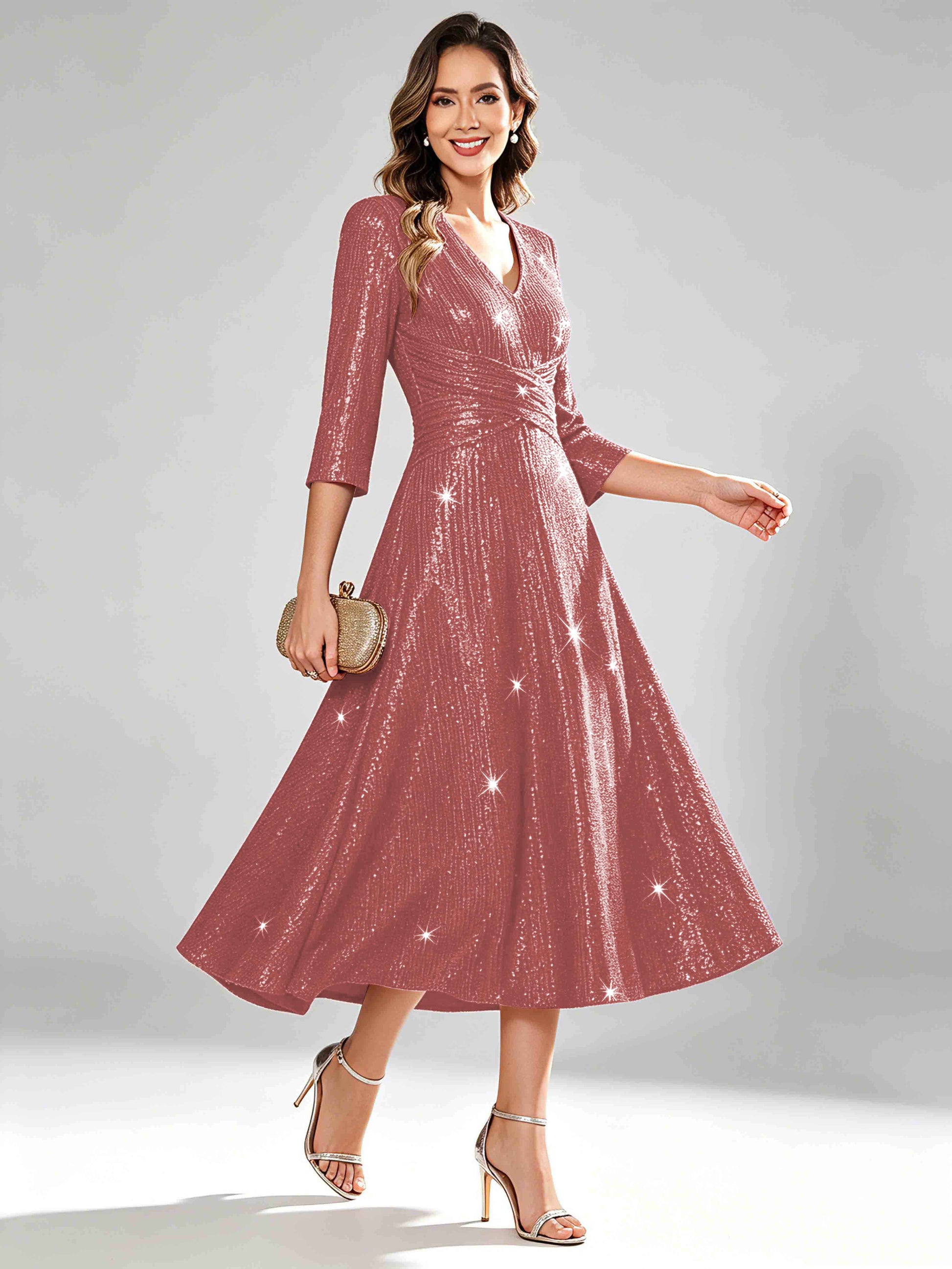 Sequin Sparkly 3/4 Sleeve Dressy Mother of The Bride Dresses