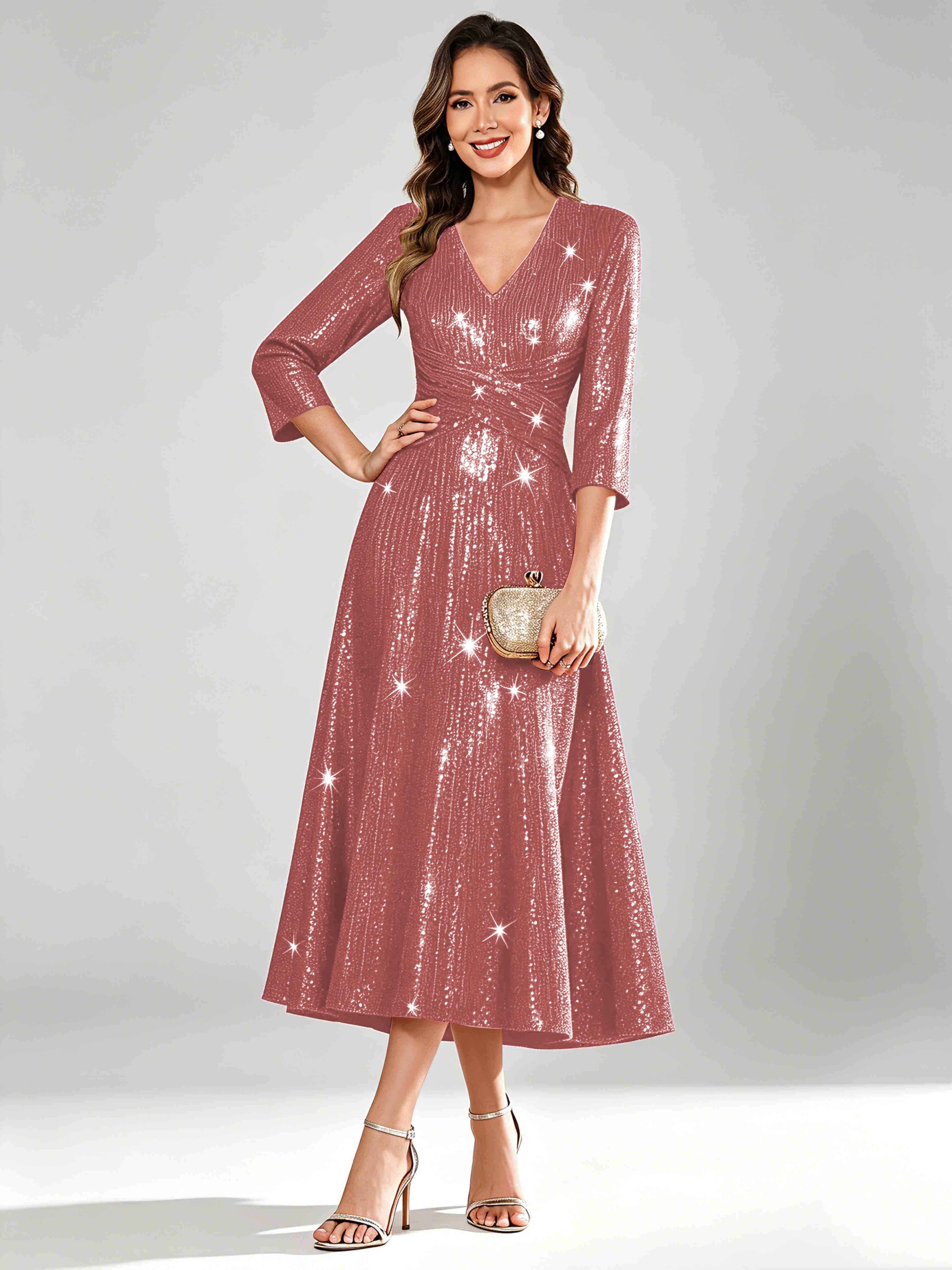 Sequin Sparkly 3/4 Sleeve Dressy Mother of The Bride Dresses