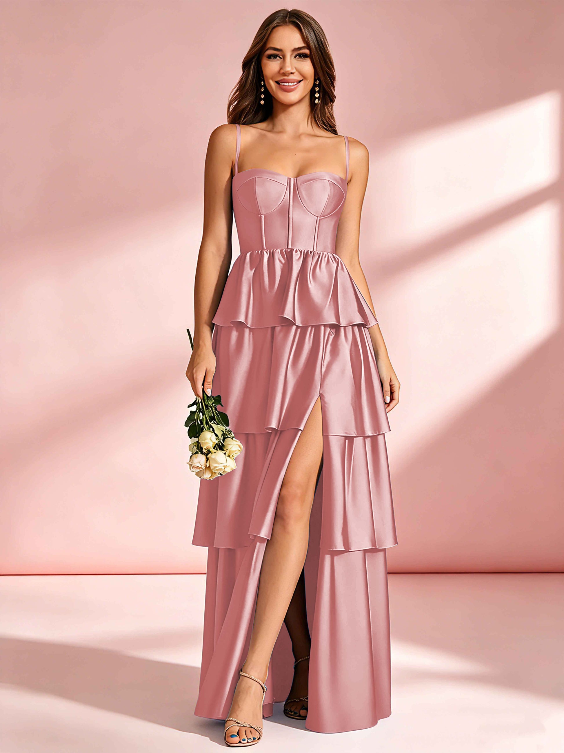 Satin Tiered Corset Bridesmaid Dresses Formal Evening Gown