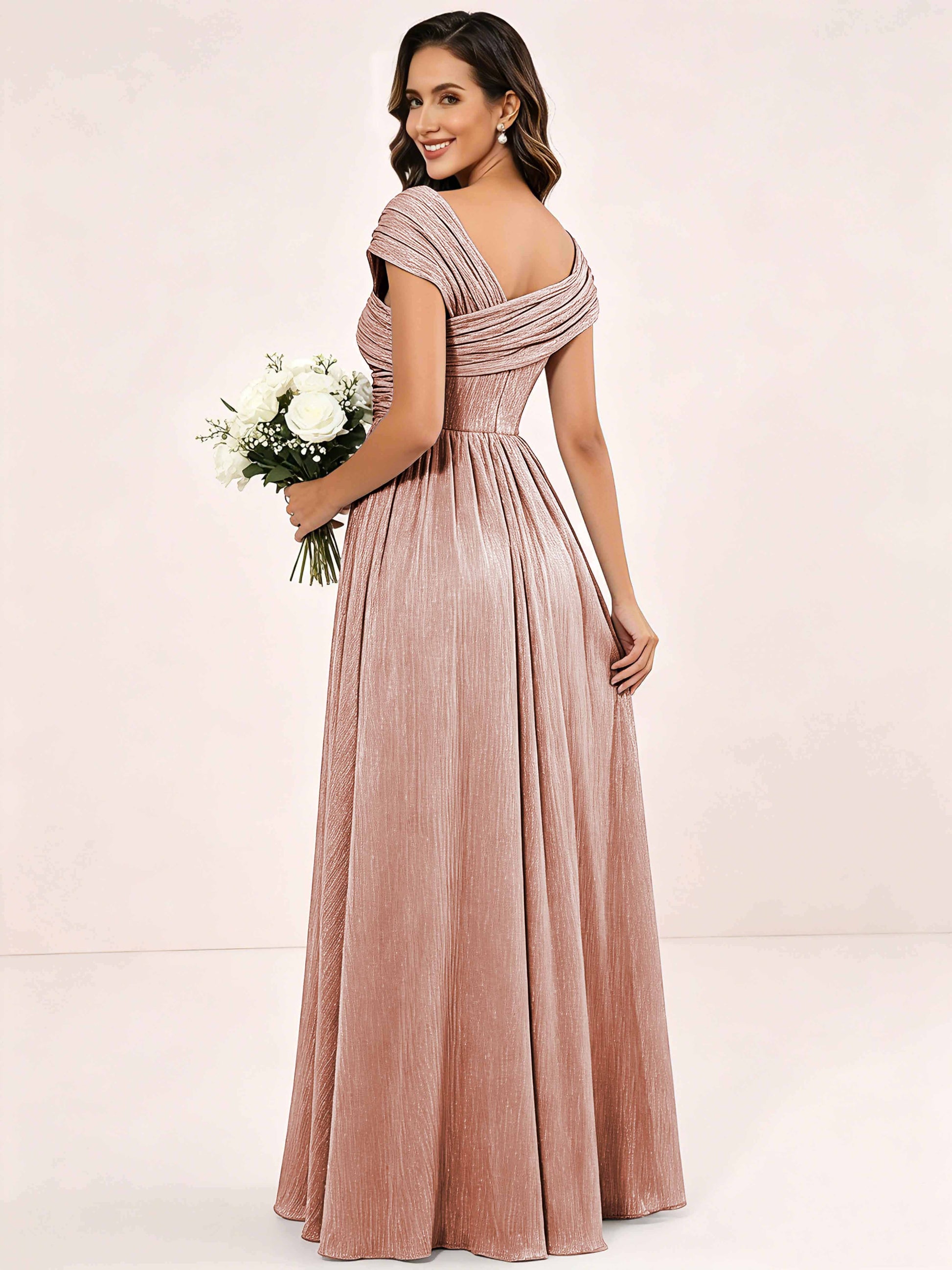 Shiny Striped Chiffon Ruched Cap Sleeve Mother of The Bride Dress