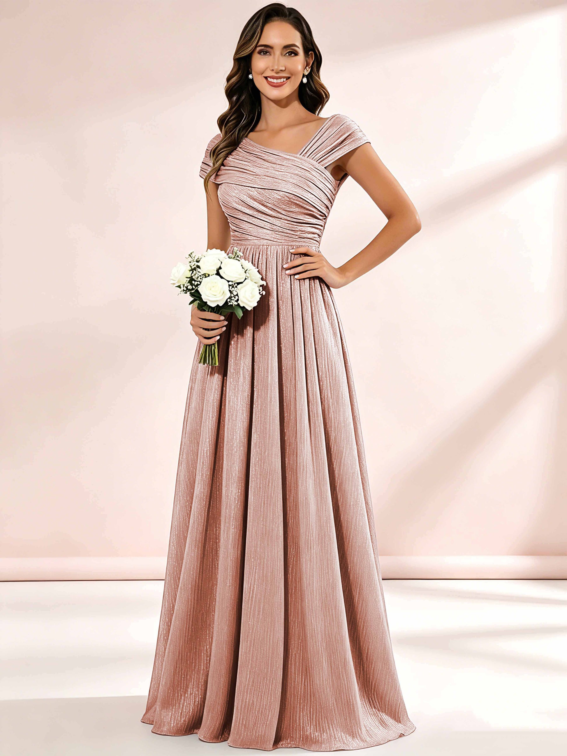 Shiny Striped Chiffon Ruched Cap Sleeve Mother of The Bride Dress
