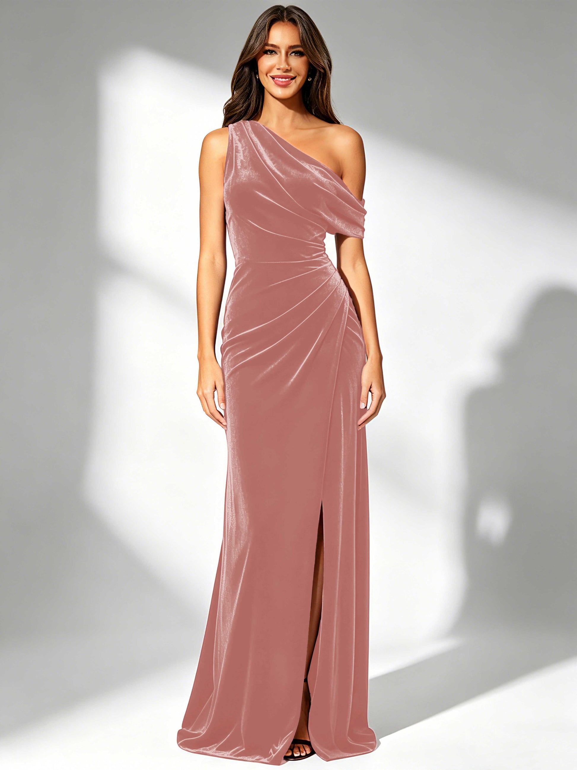 One Shoulder Velvet Bridesmaid Dresses for Women