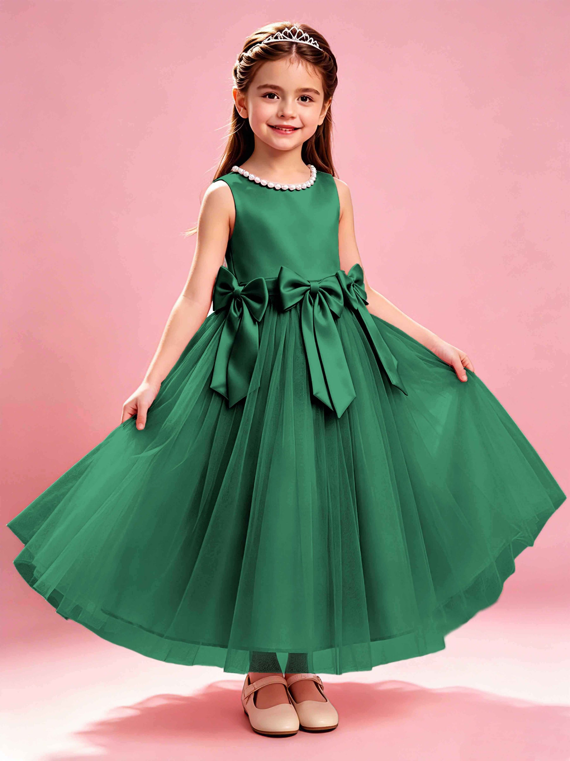 Satin Tulle Flower Girl Dress with Bow Princess Girls Pageant Gowns