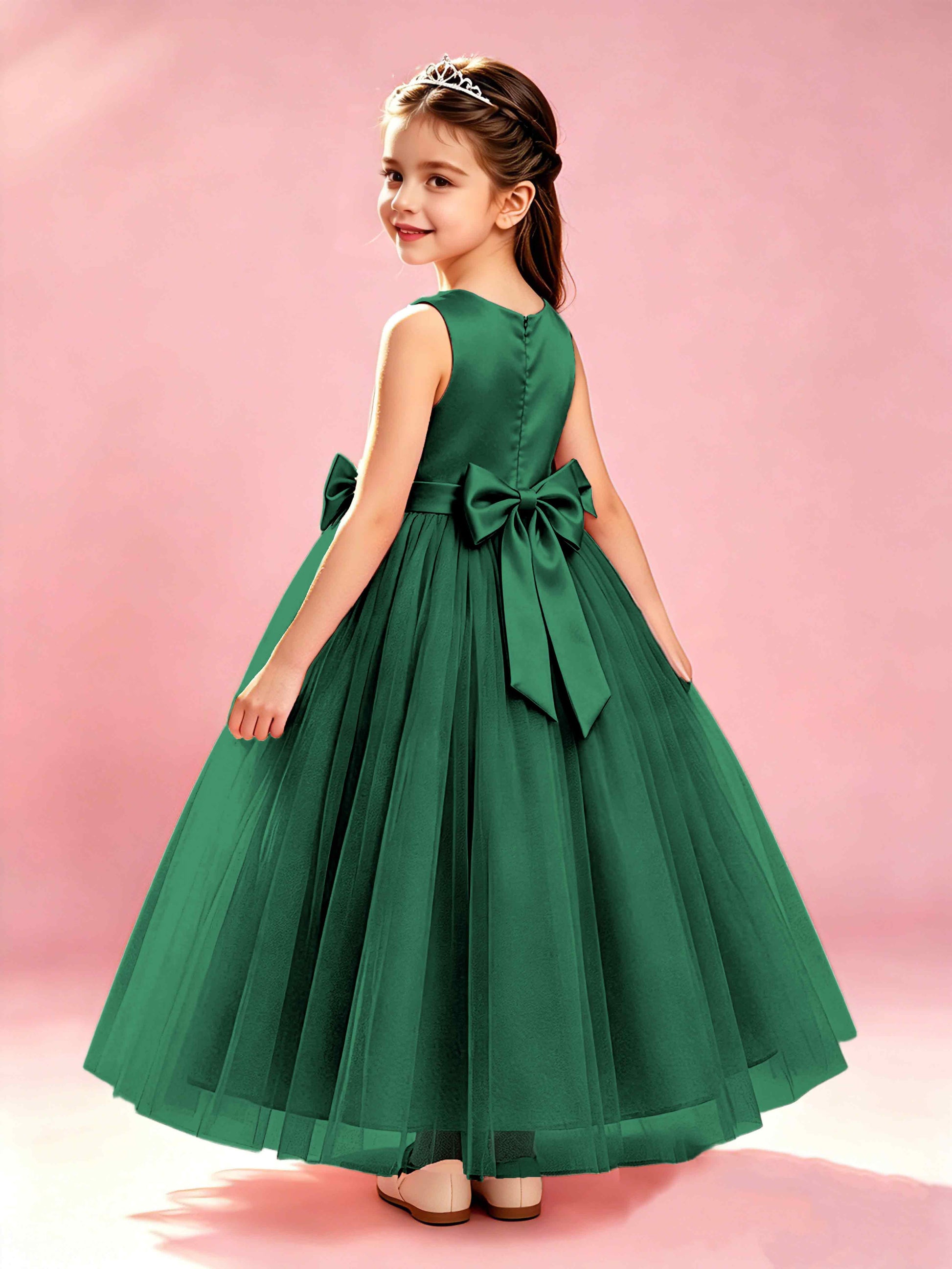 Satin Tulle Flower Girl Dress with Bow Princess Girls Pageant Gowns