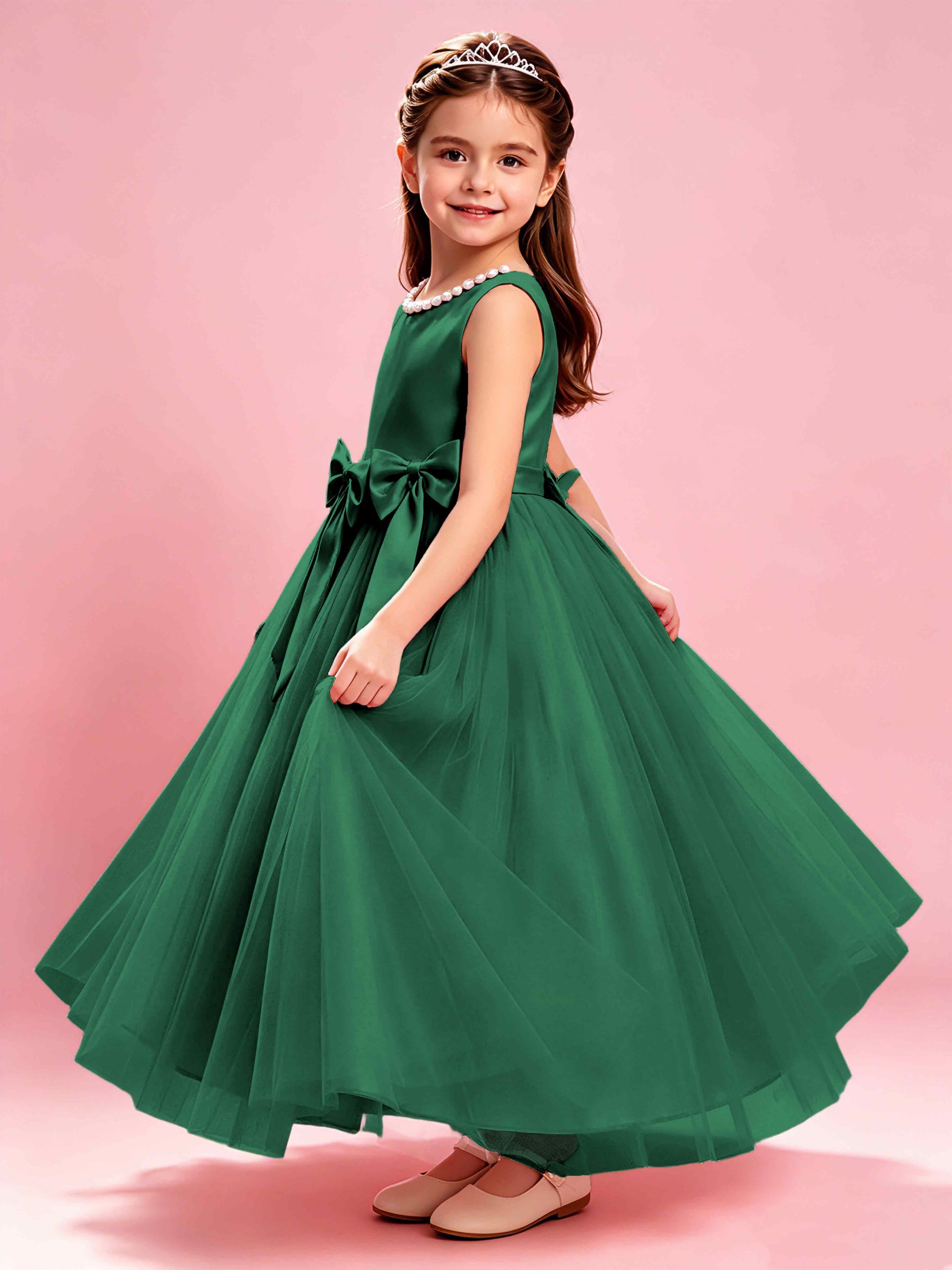 Satin Tulle Flower Girl Dress with Bow Princess Girls Pageant Gowns