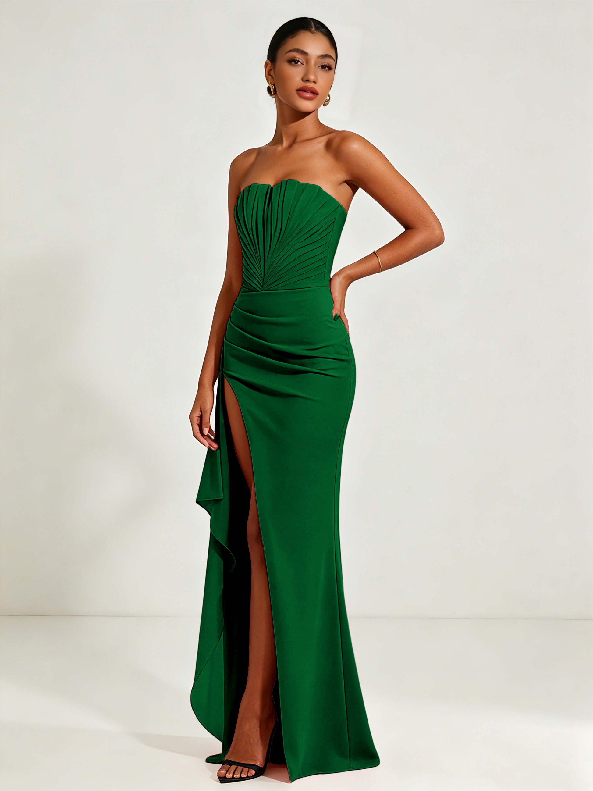 Strapless Ruched Bust Prom Dresses with Ruffle Slit
