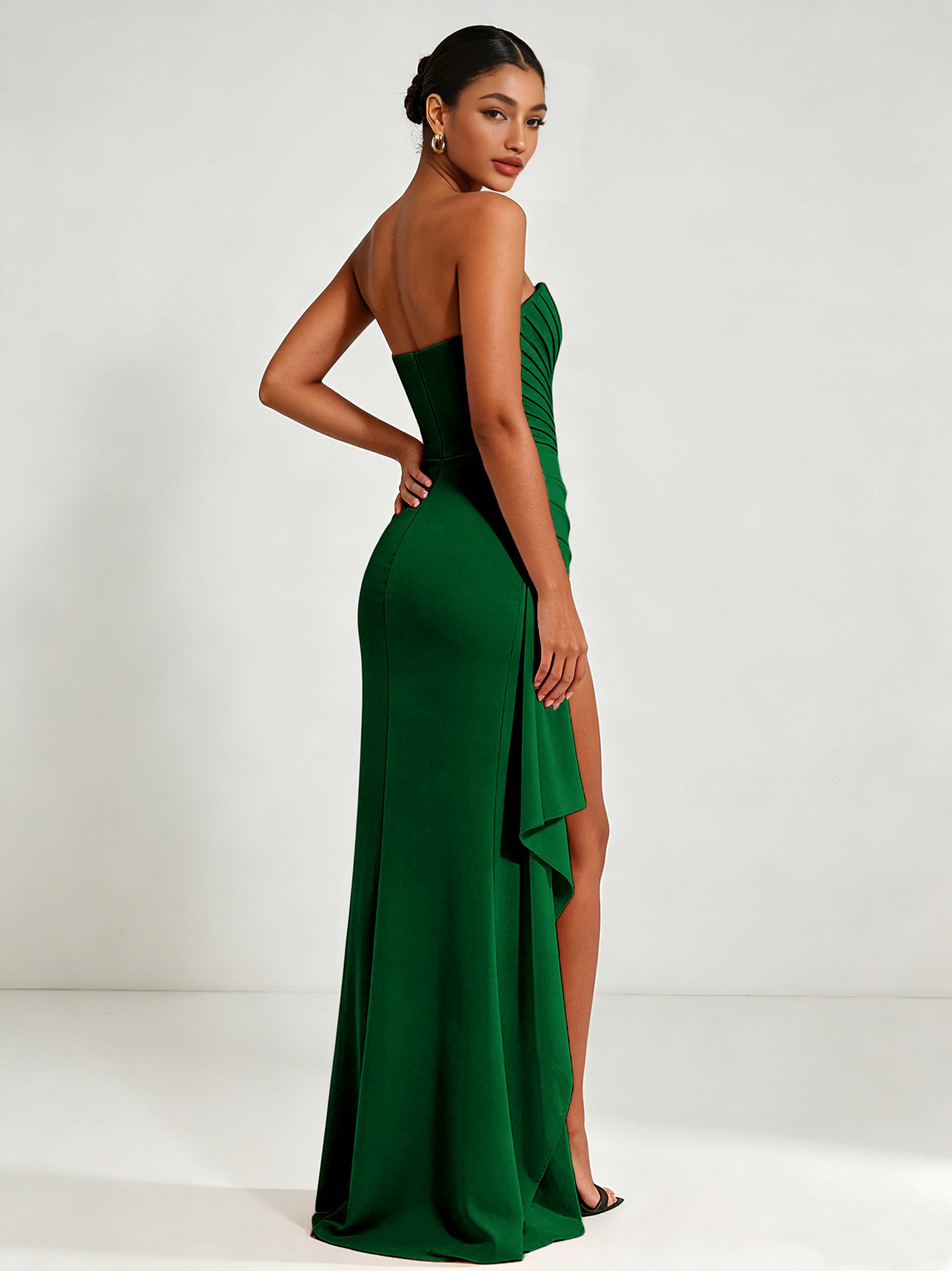 Strapless Ruched Bust Prom Dresses with Ruffle Slit