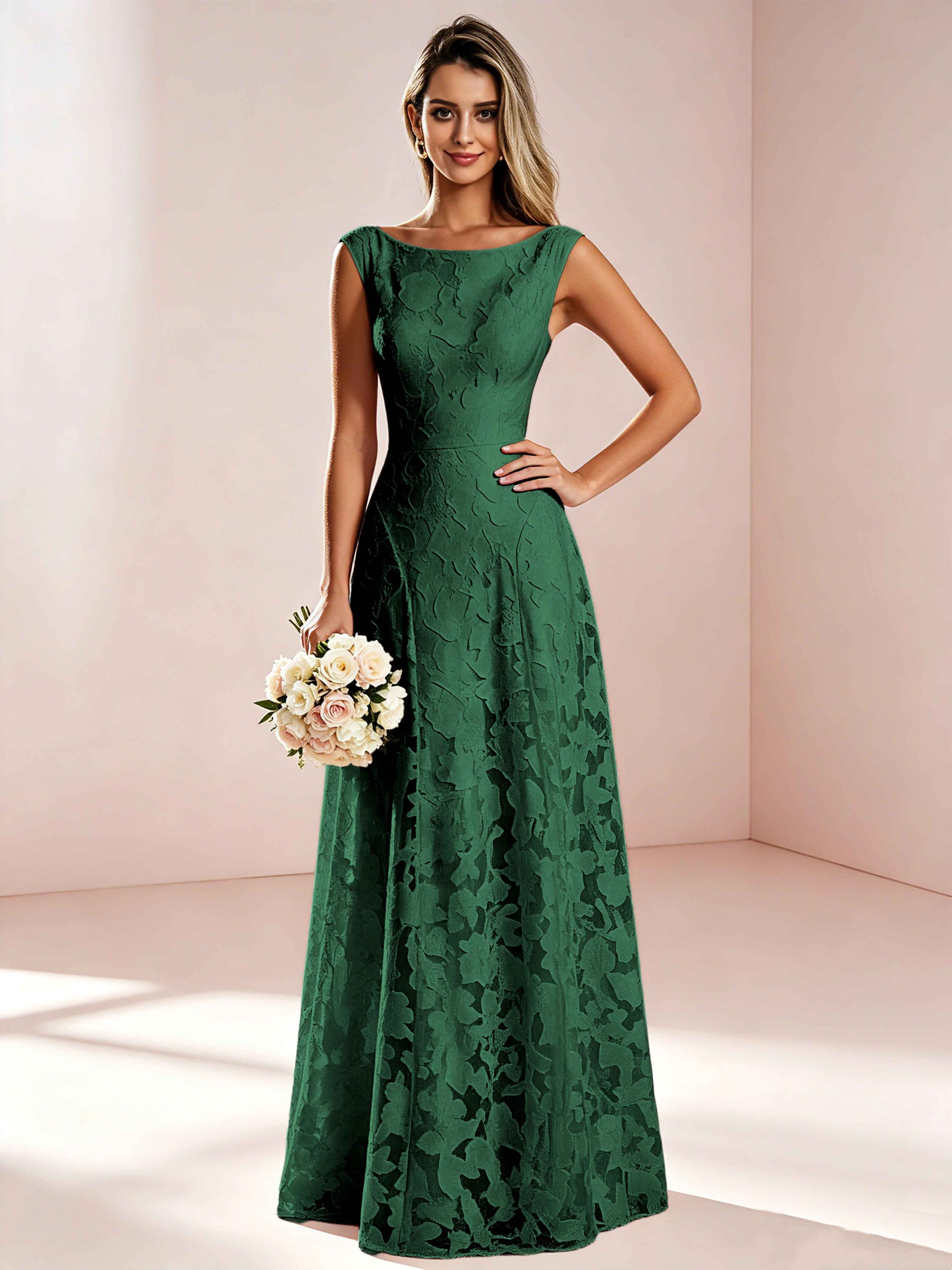 Boat Neck Jacquard Chiffon Floor Length Bridesmaid Dresses