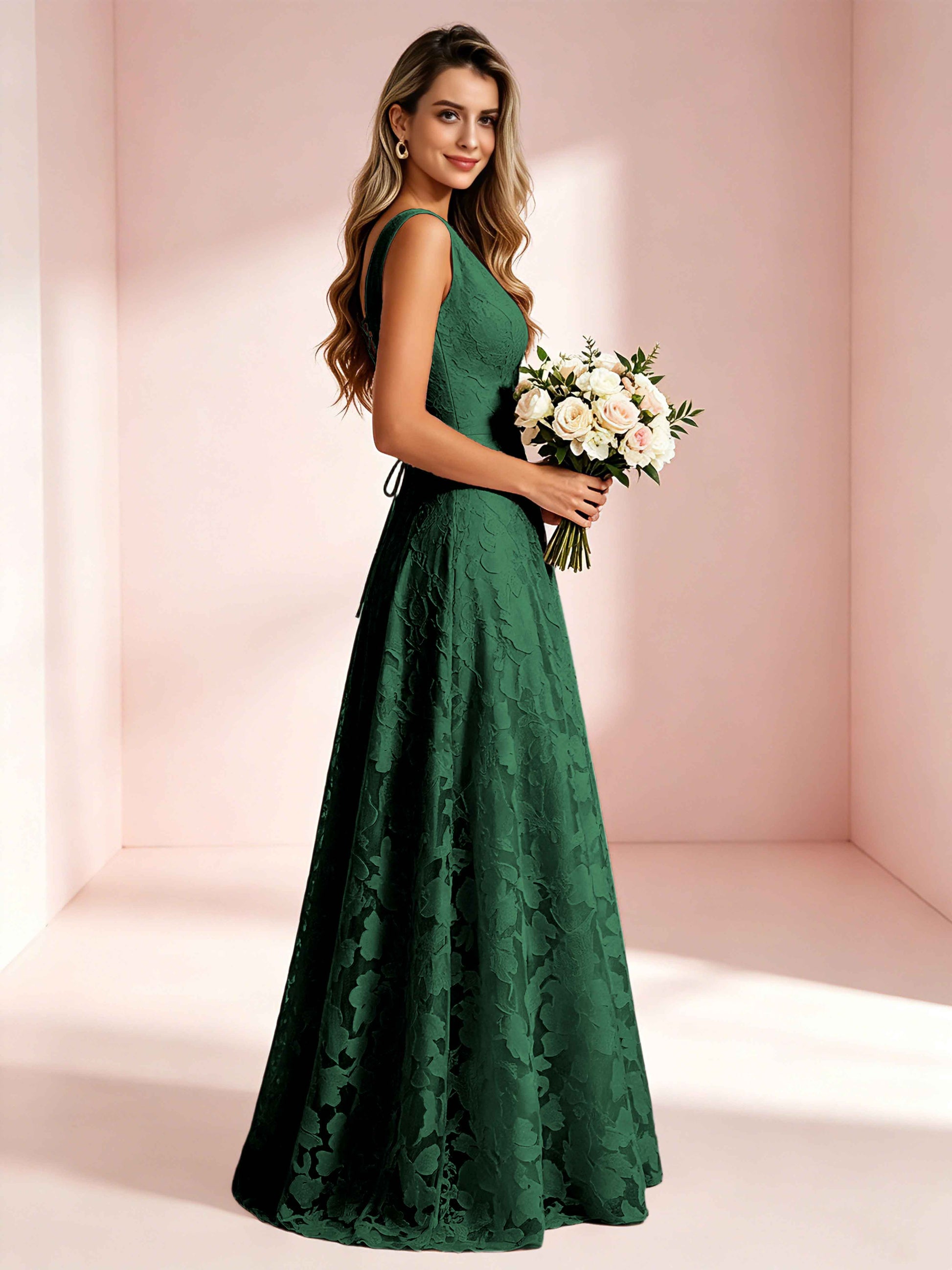 Boat Neck Jacquard Chiffon Floor Length Bridesmaid Dresses