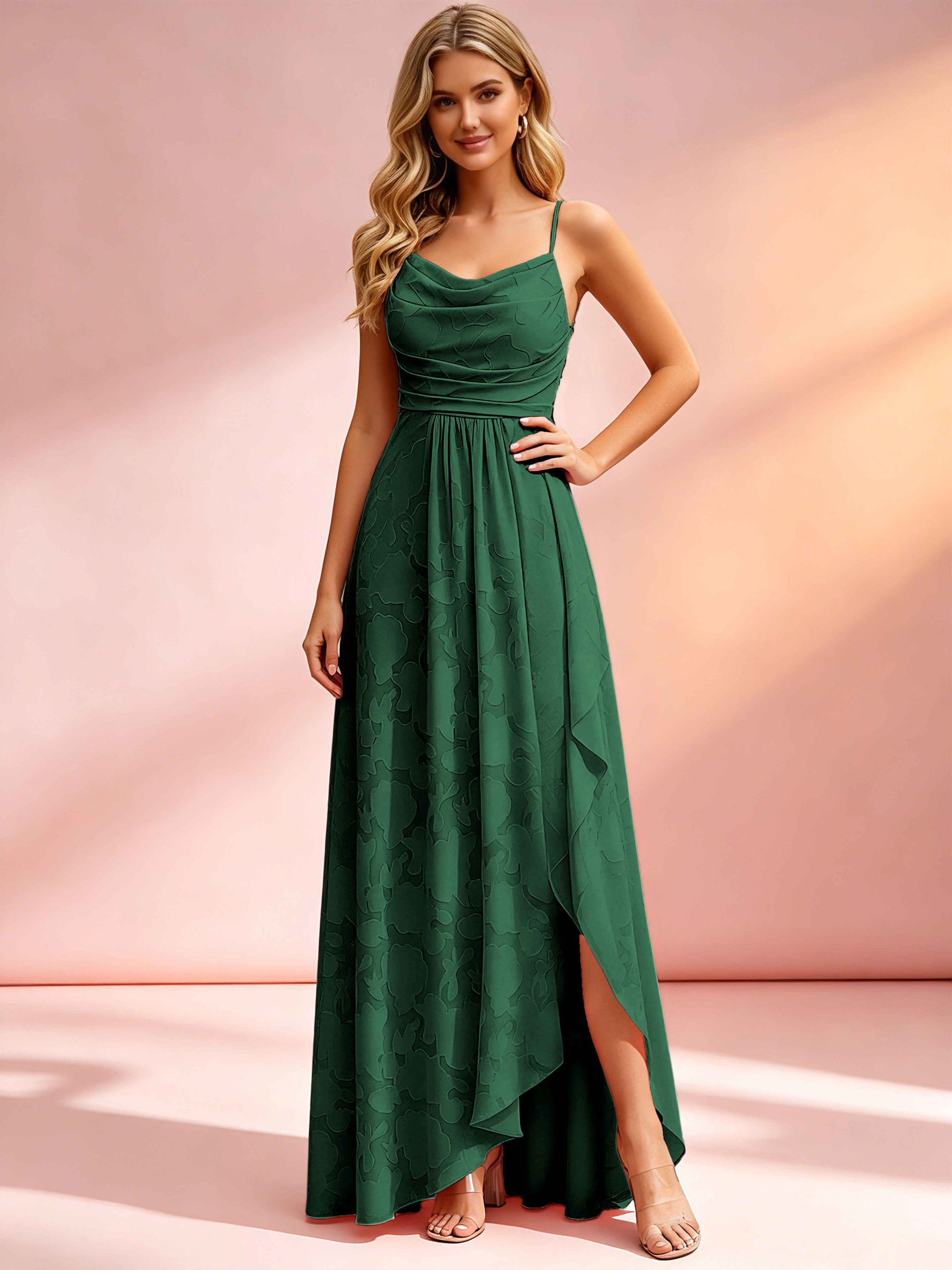 Jacquard Chiffon Cowl Neck Bridesmaid Dresses with Ruffle Slit
