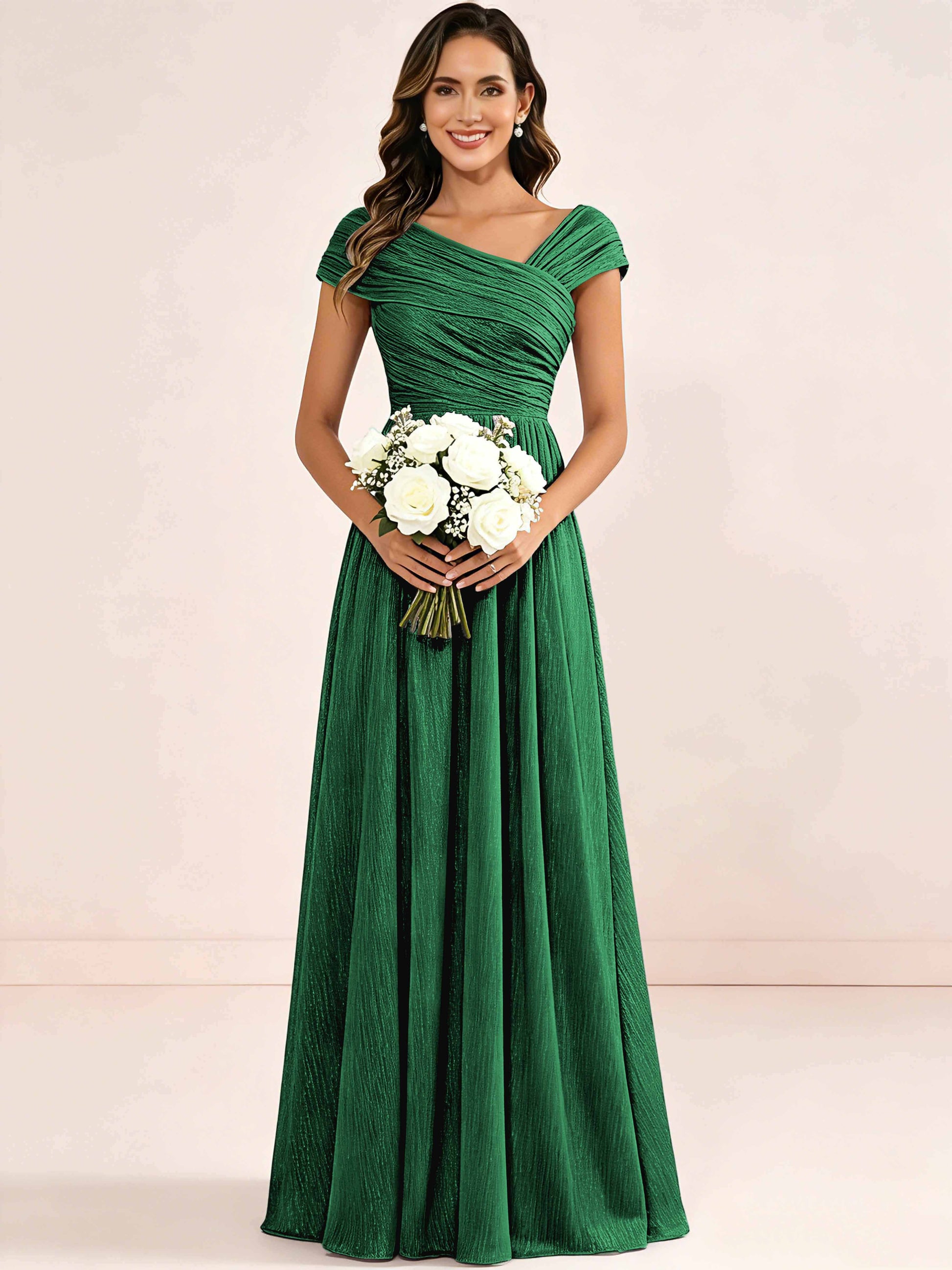 Shiny Striped Chiffon Ruched Cap Sleeve Mother of The Bride Dress