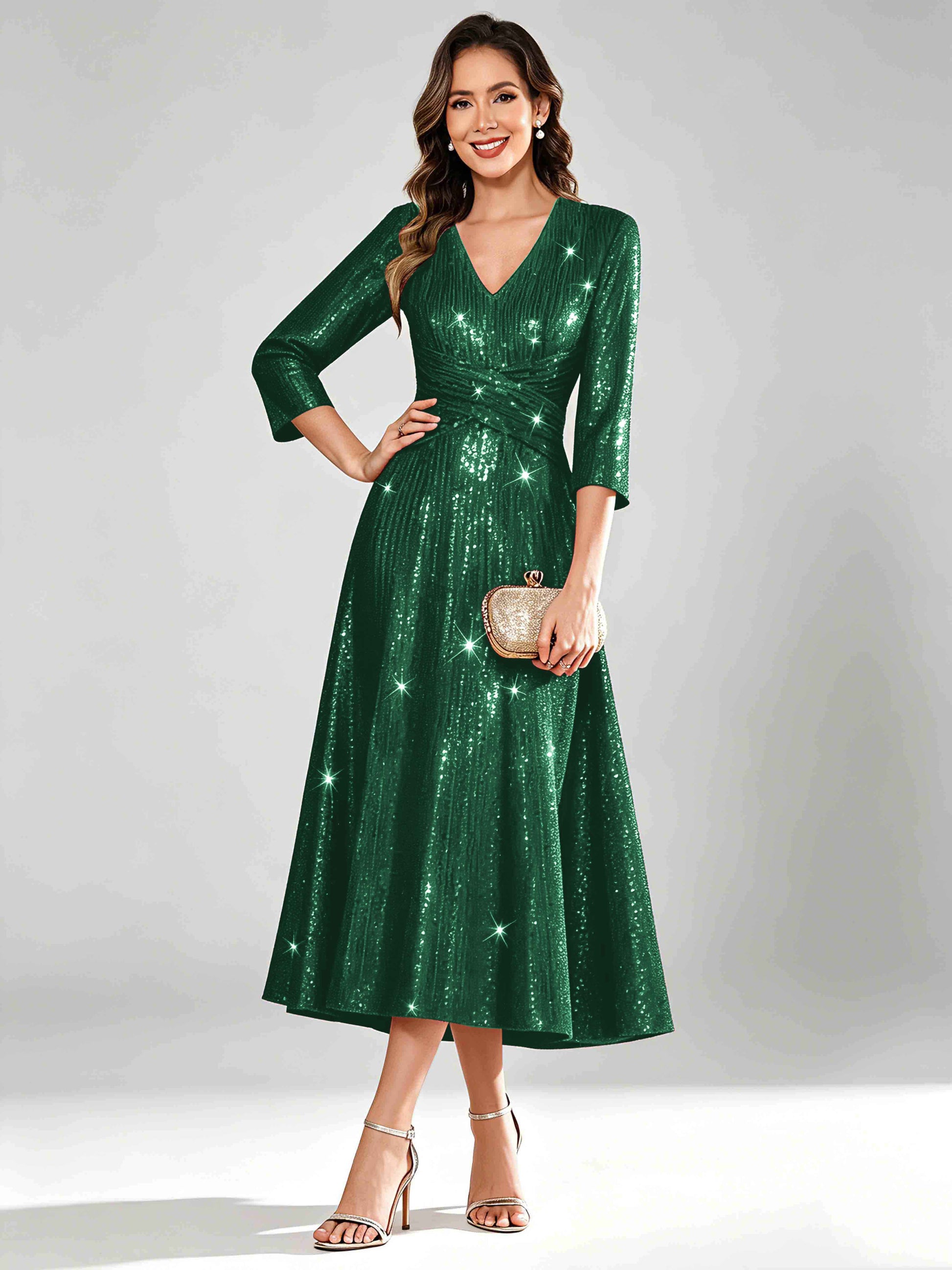 Sequin Sparkly 3/4 Sleeve Dressy Mother of The Bride Dresses