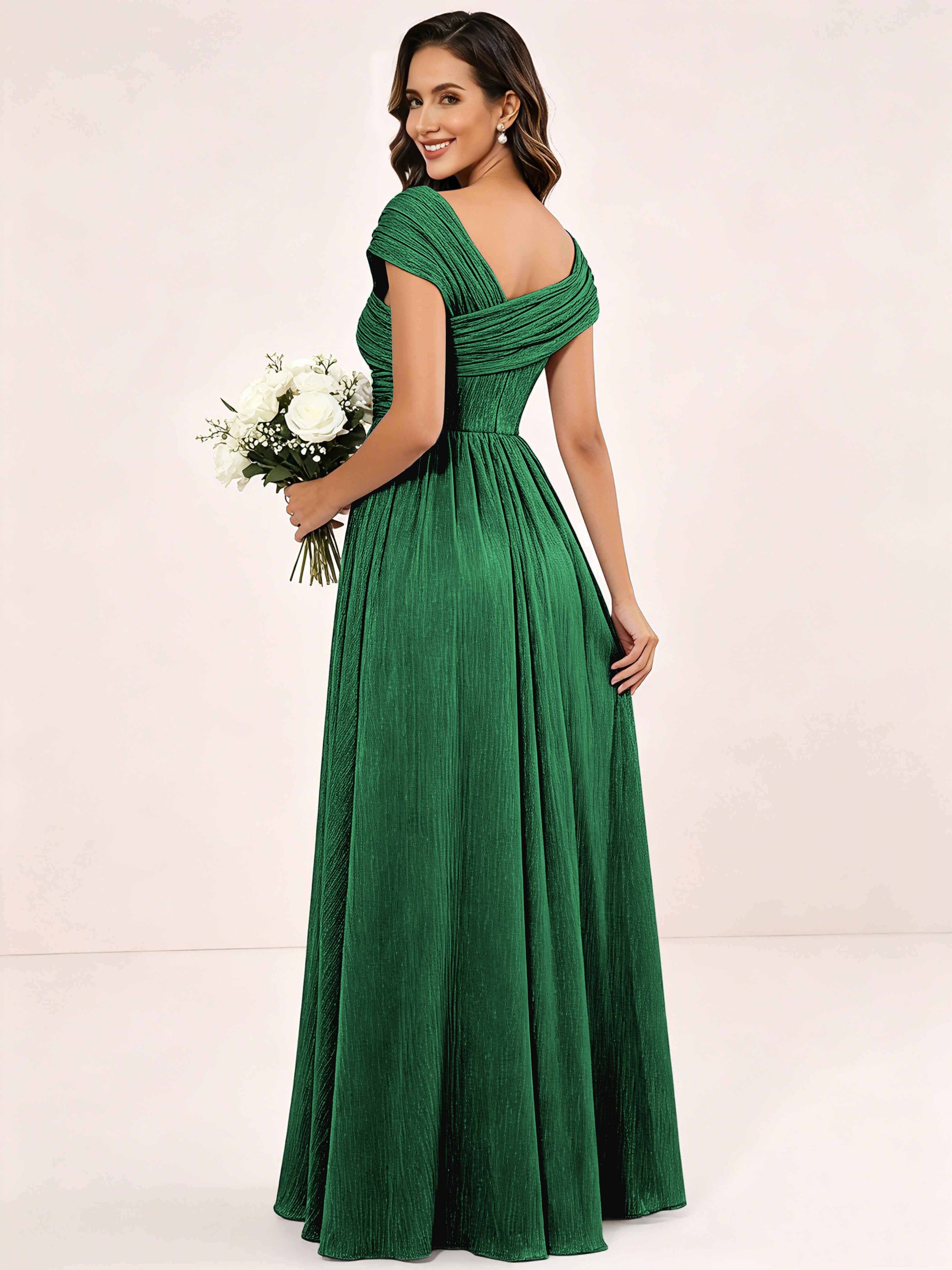 Shiny Striped Chiffon Ruched Cap Sleeve Mother of The Bride Dress