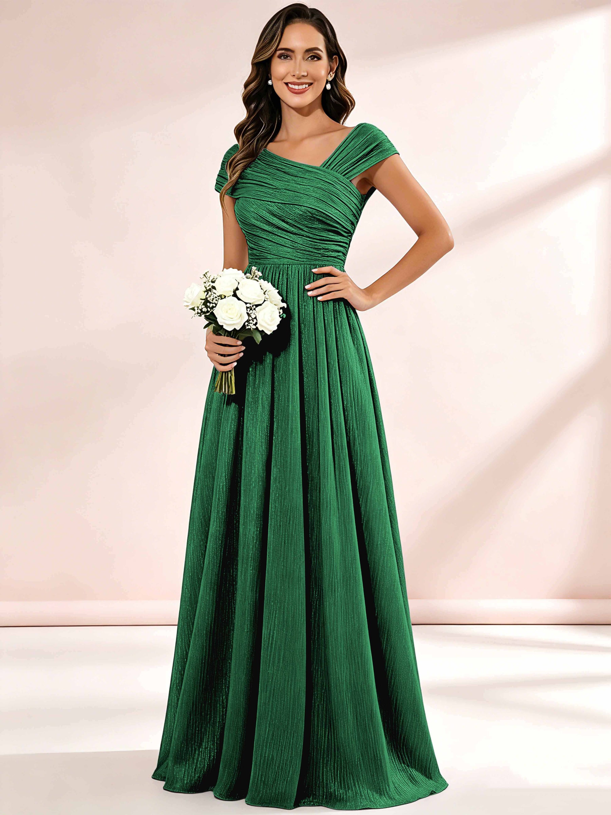 Shiny Striped Chiffon Ruched Cap Sleeve Mother of The Bride Dress