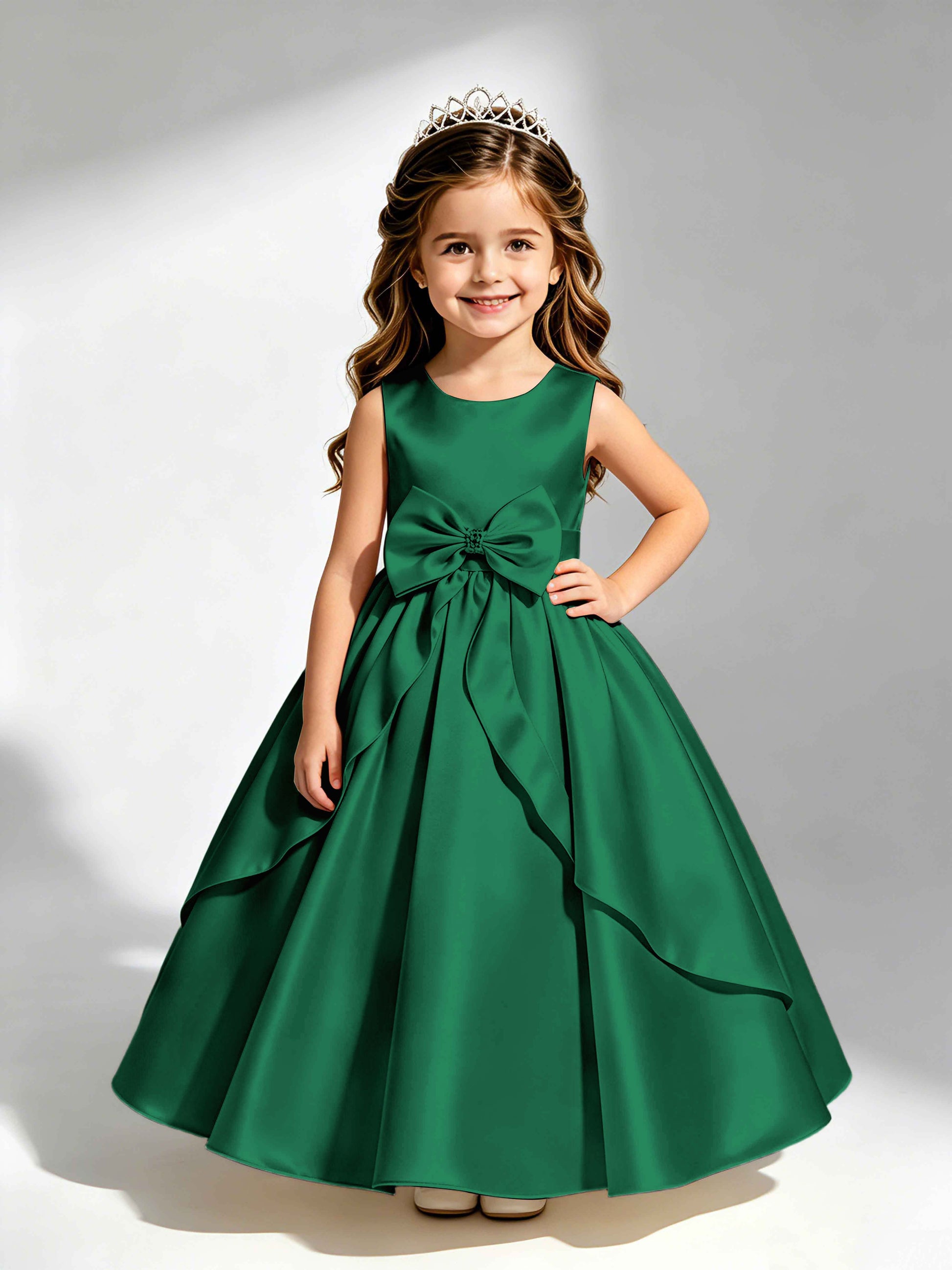Satin Flower Girl Dress with Bow Princess Girls Pageant Gowns