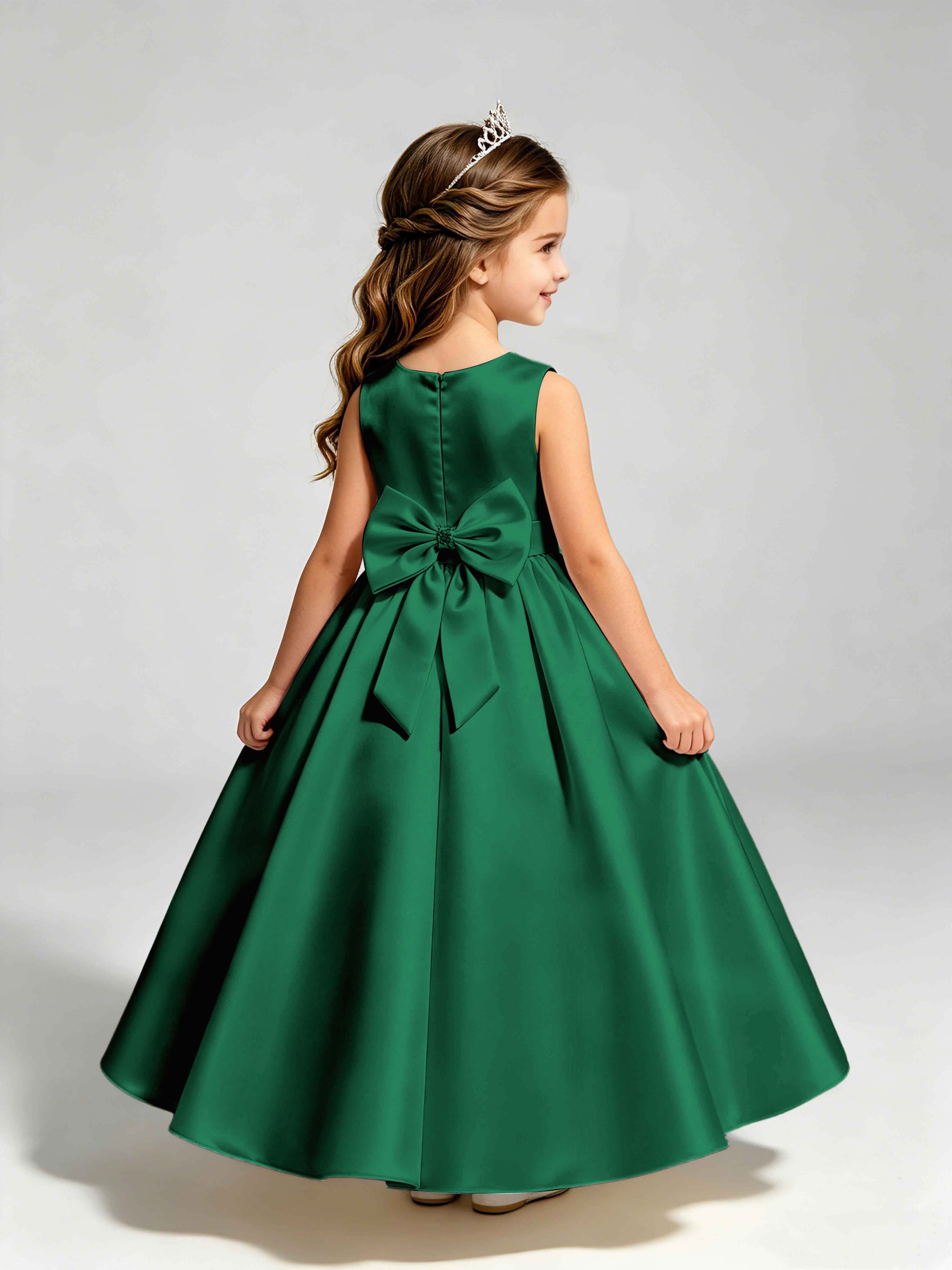 Satin Flower Girl Dress with Bow Princess Girls Pageant Gowns