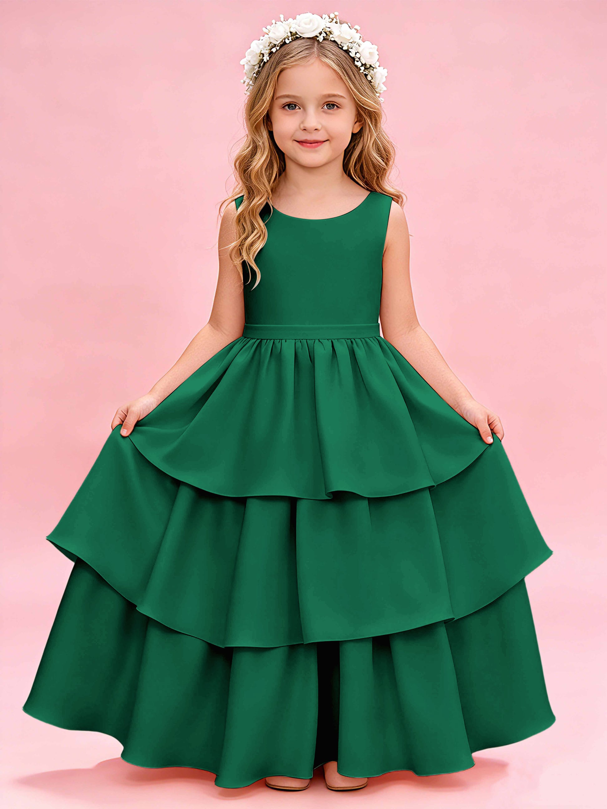 Tiered Flower Girl Dress with Bow Princess Girls Pageant Gowns