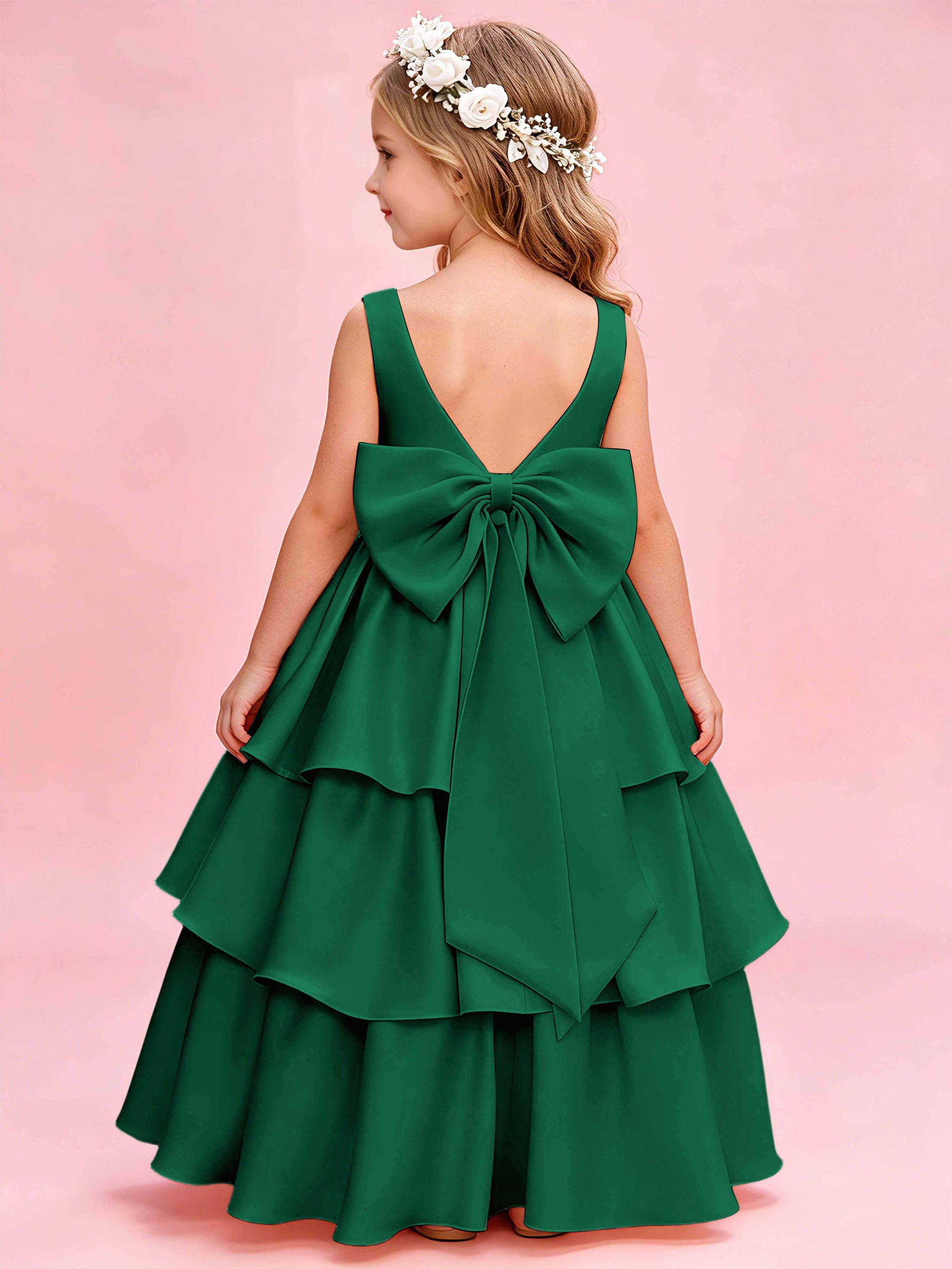Tiered Flower Girl Dress with Bow Princess Girls Pageant Gowns