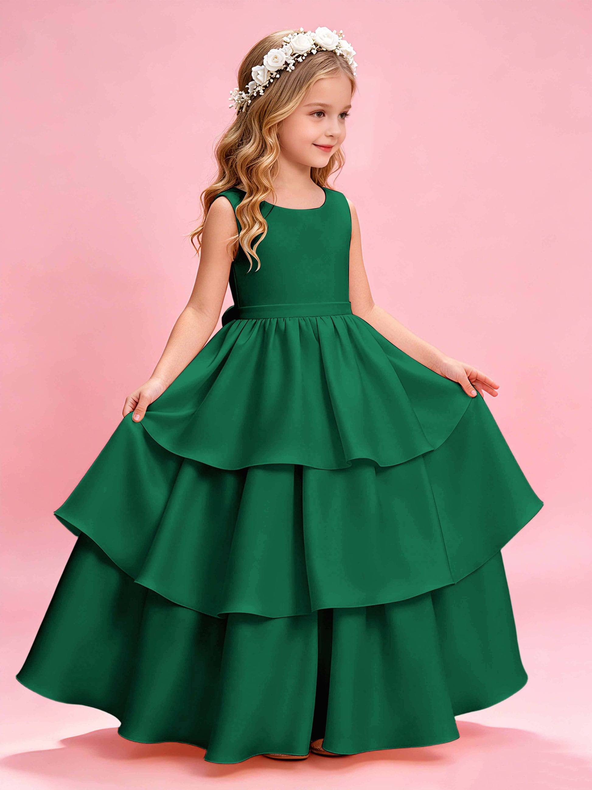 Tiered Flower Girl Dress with Bow Princess Girls Pageant Gowns