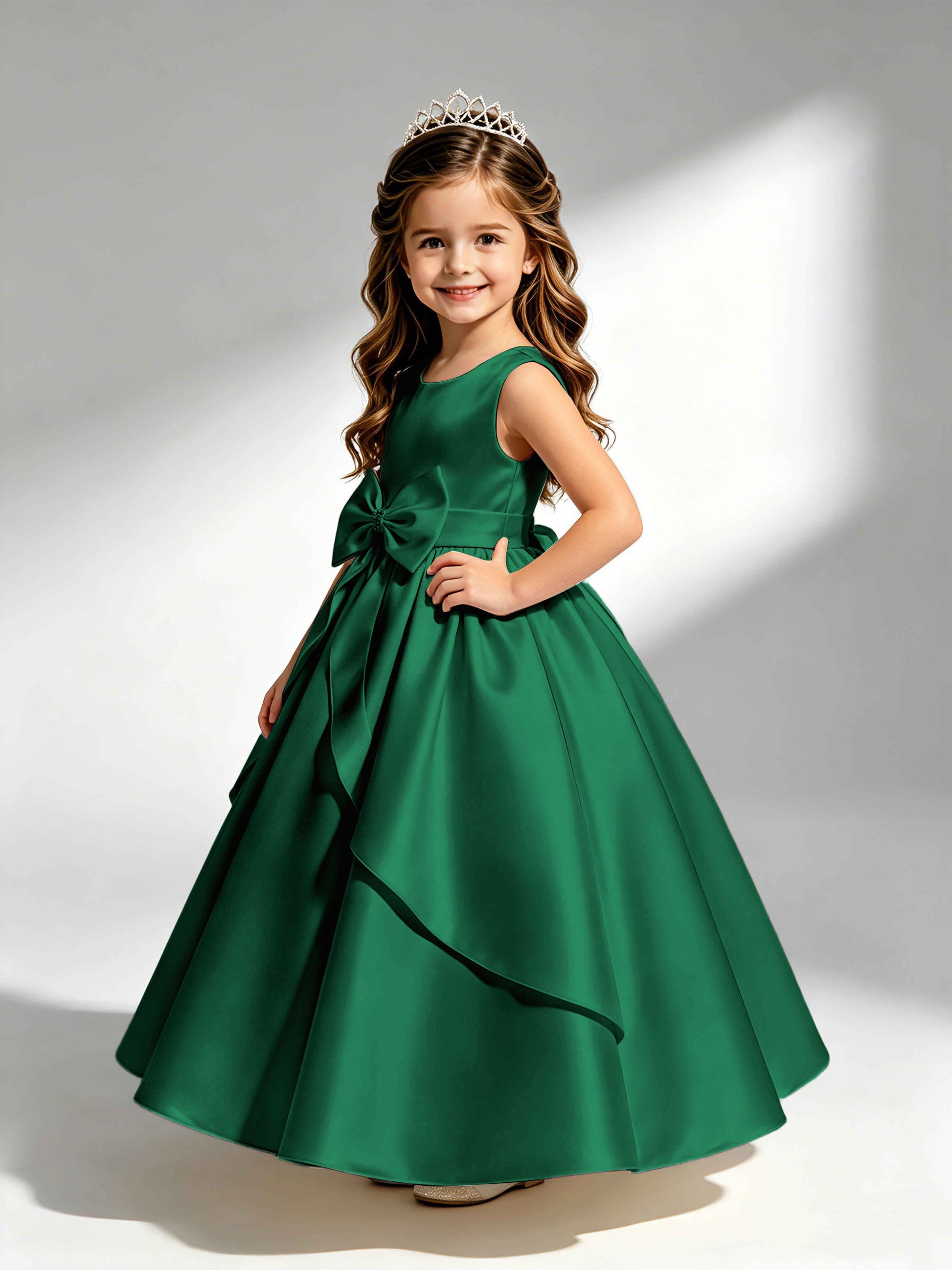 Satin Flower Girl Dress with Bow Princess Girls Pageant Gowns
