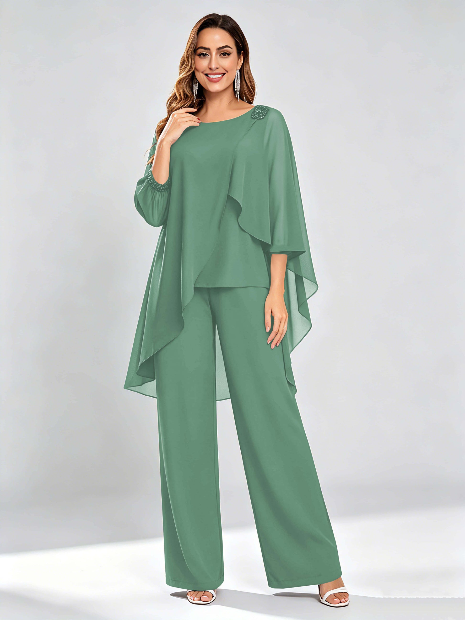 Asymmetric Chiffon 2 Pieces Mother of The Bride Pant Suits