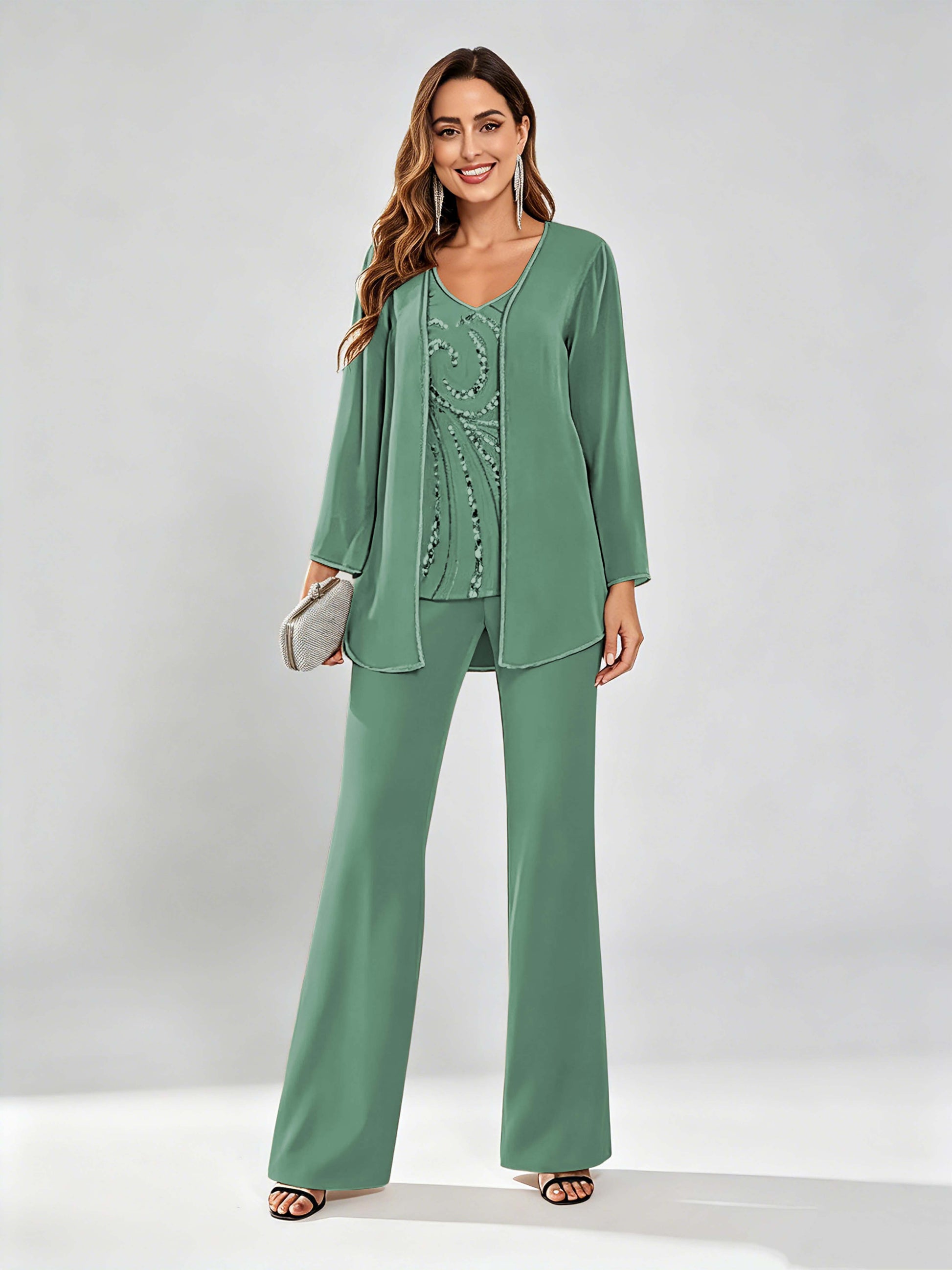 Chiffon Sequin 3 Pieces Mother of The Bride Pant Suits for Women