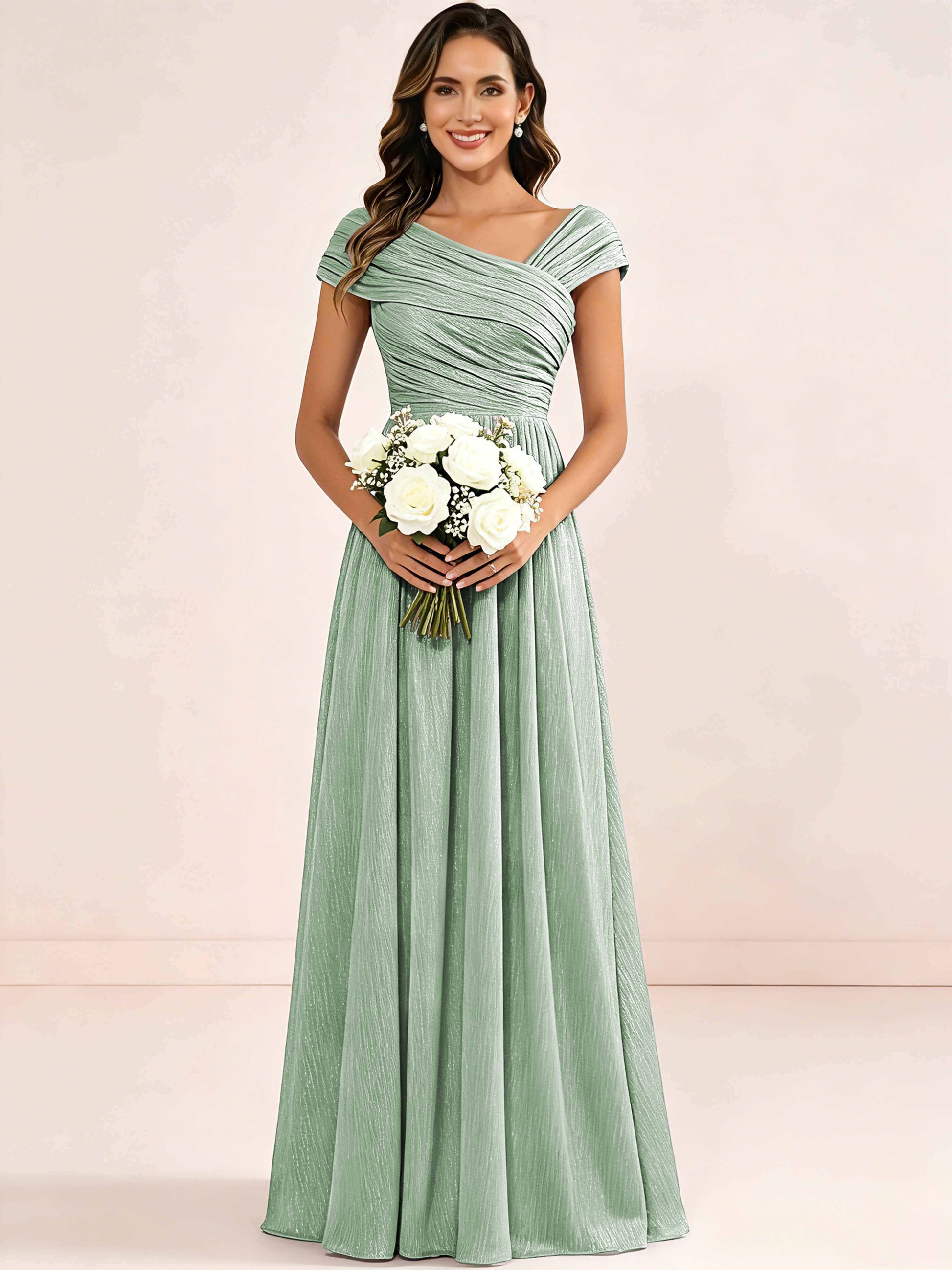 Shiny Striped Chiffon Ruched Cap Sleeve Mother of The Bride Dress
