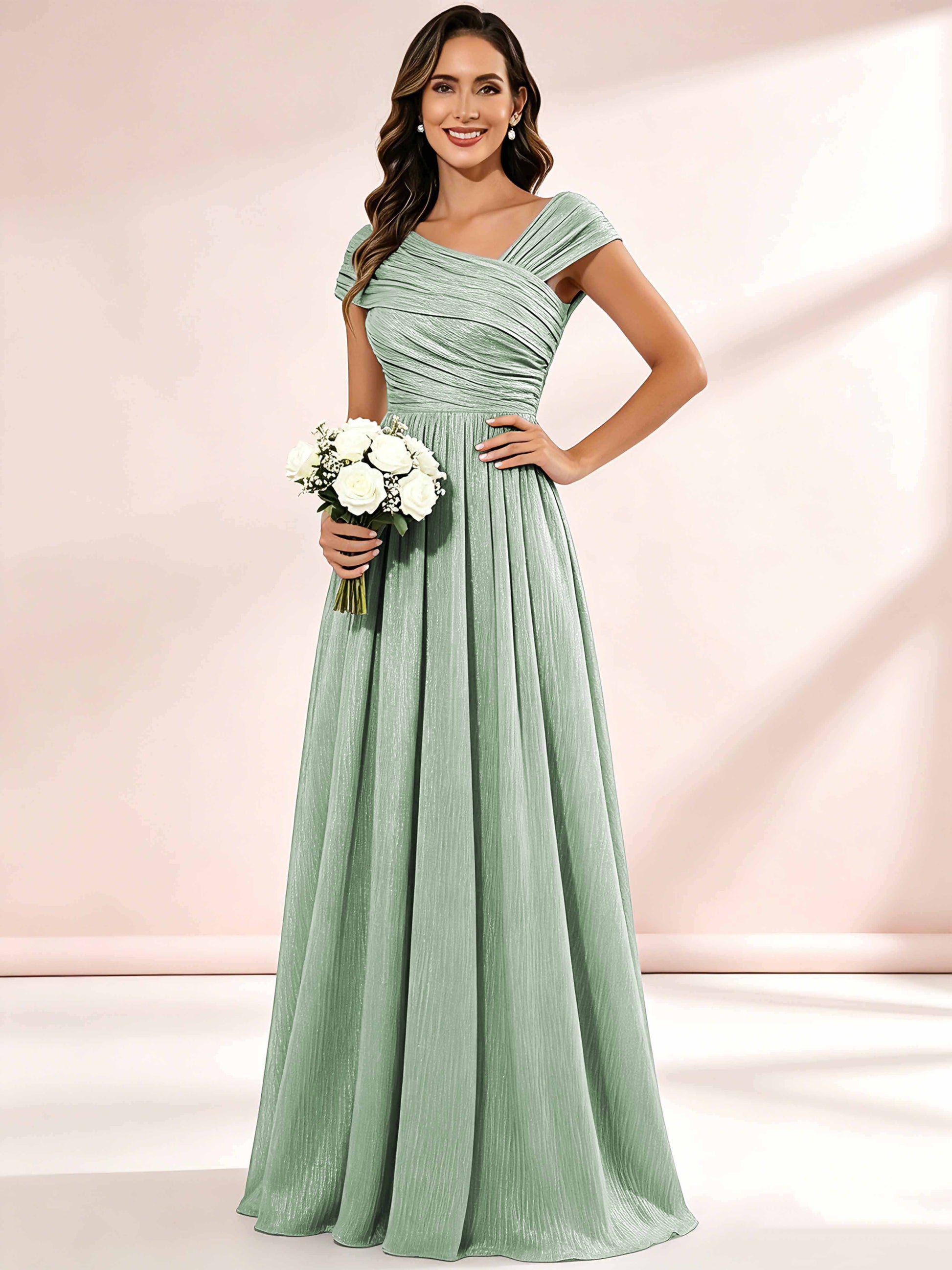 Shiny Striped Chiffon Ruched Cap Sleeve Mother of The Bride Dress