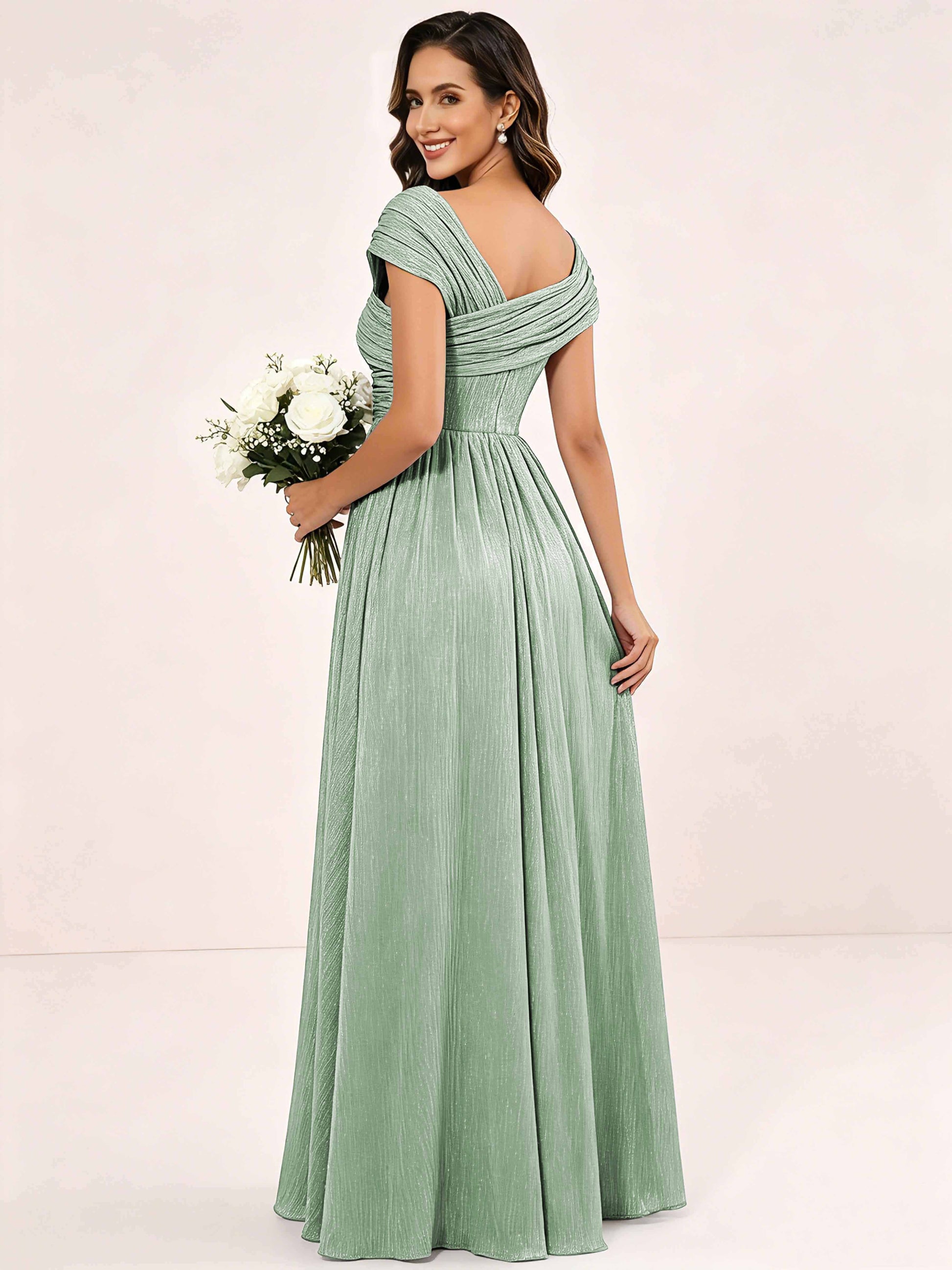 Shiny Striped Chiffon Ruched Cap Sleeve Mother of The Bride Dress