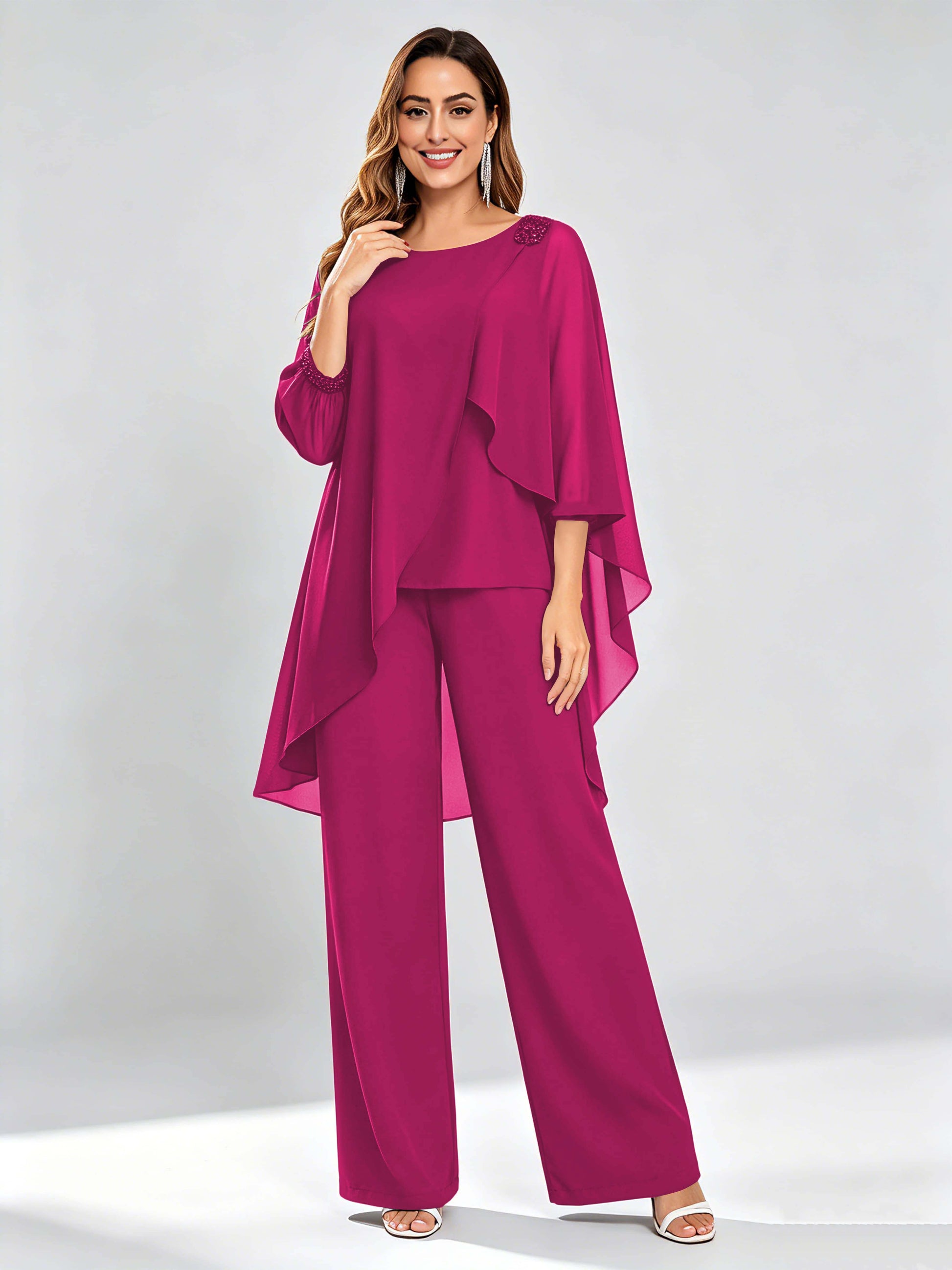 Asymmetric Chiffon 2 Pieces Mother of The Bride Pant Suits