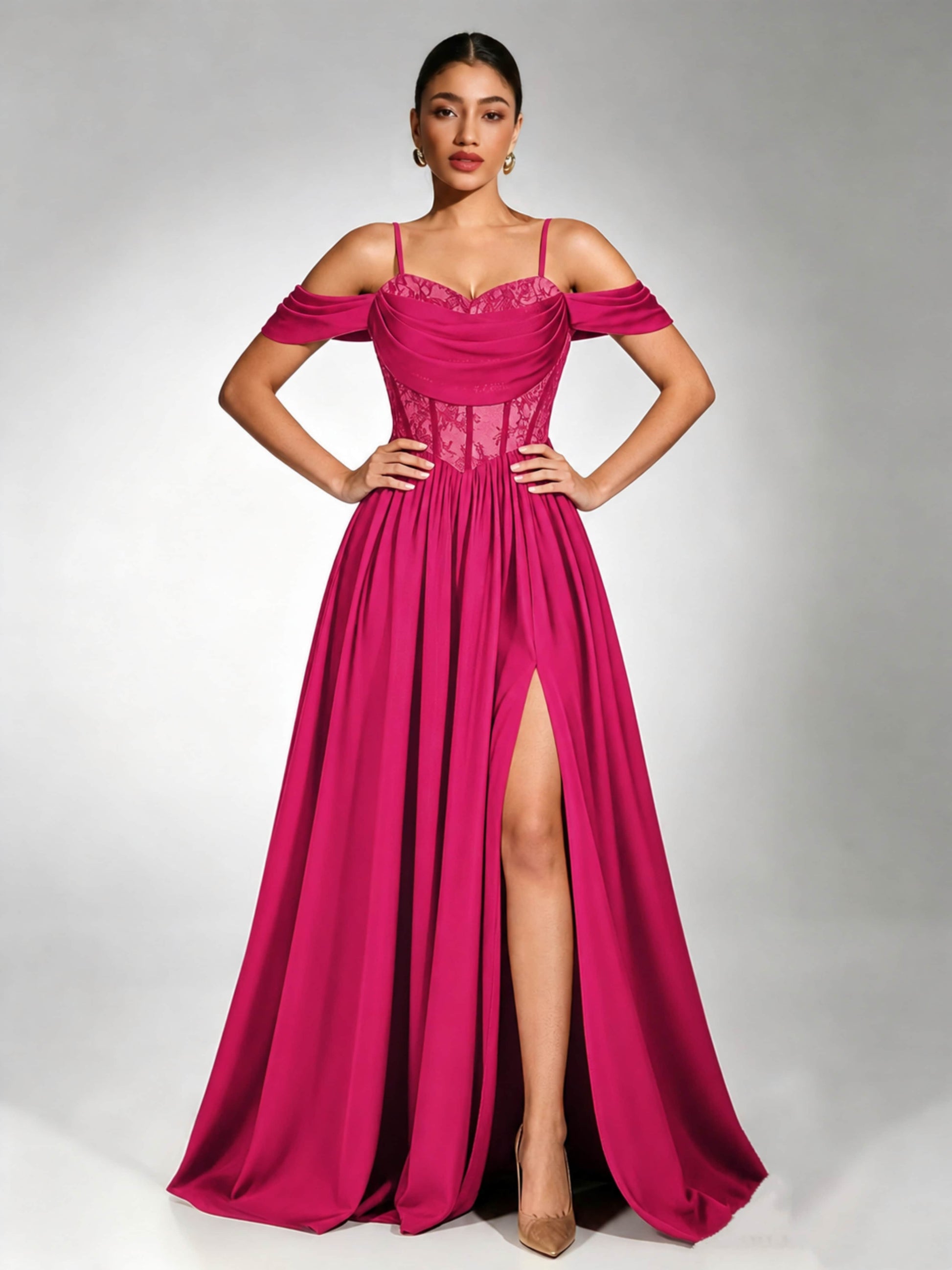Off Shoulder Chiffon Lace Prom Dress for Teens