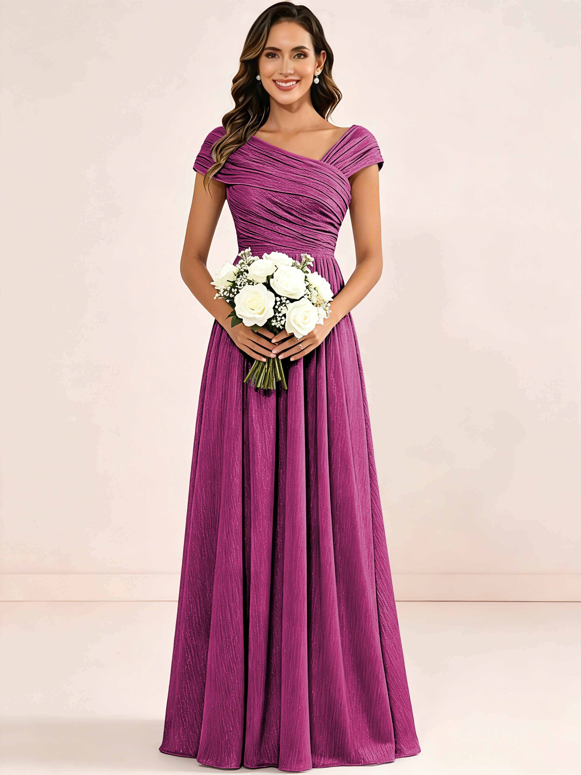 Shiny Striped Chiffon Ruched Cap Sleeve Mother of The Bride Dress