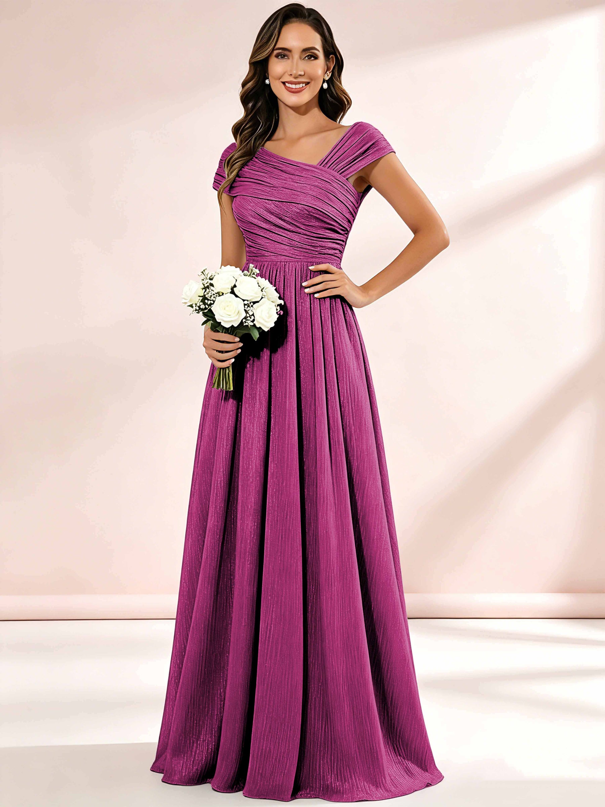 Shiny Striped Chiffon Ruched Cap Sleeve Mother of The Bride Dress